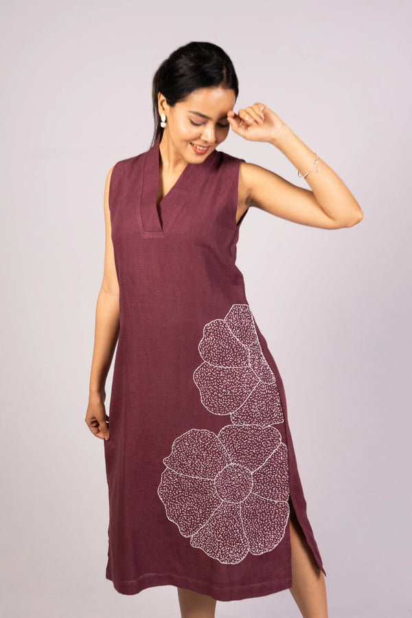 Mitti — Deep Wine Kala Cotton Dress with Kantha Work