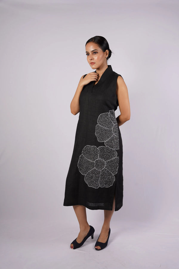 Rooh — Charcoal Black Kala Cotton Dress with Thread Work