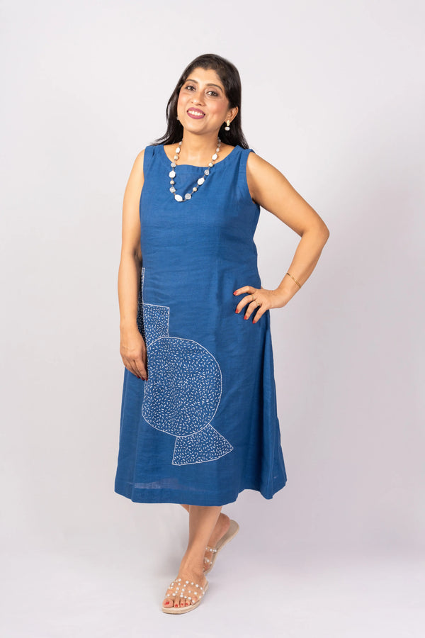 Amber — Blue Midi Dress with Kanta Hand Embroidery