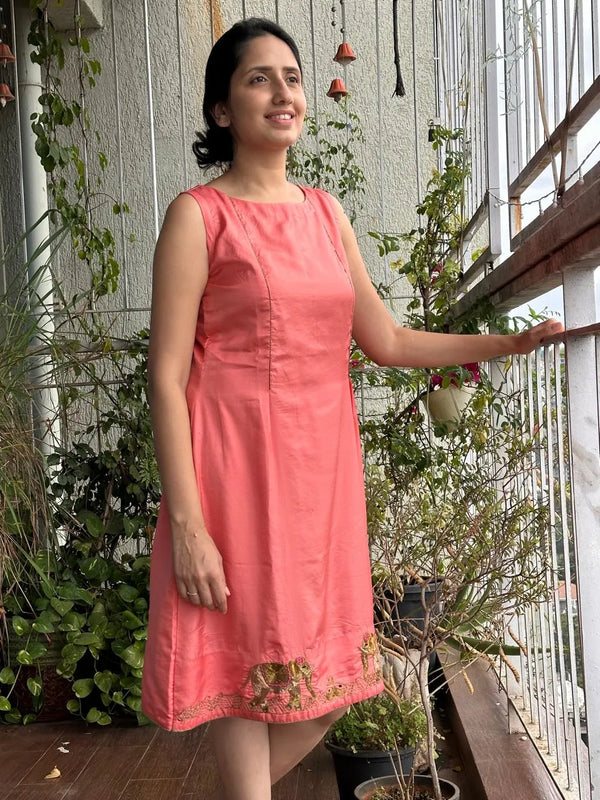 Riwaayat — Peach Pure Silk Dress with Zardozi Elephant Work