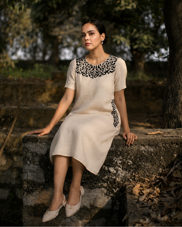 Aruja — Soft Cream Handloom Linen Dress with Embroidery