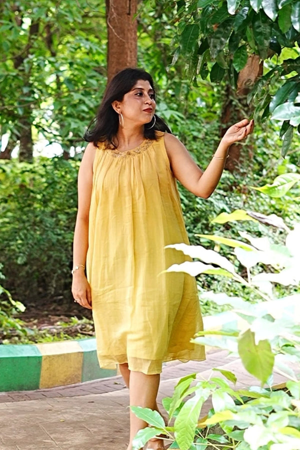 Tattva — Soft Mustard Mul Chanderi Dress with Zardozi Neckwork