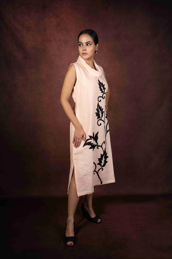 Vanya — Peach Pure Linen Cowl Neck Dress with Applique