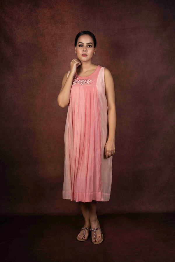 Leher — Ombre Pastel Pink Mul Chanderi Dress with Floral Resham Work