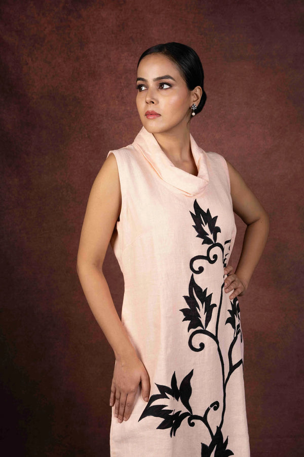 Vanya — Peach Pure Linen Cowl Neck Dress with Applique