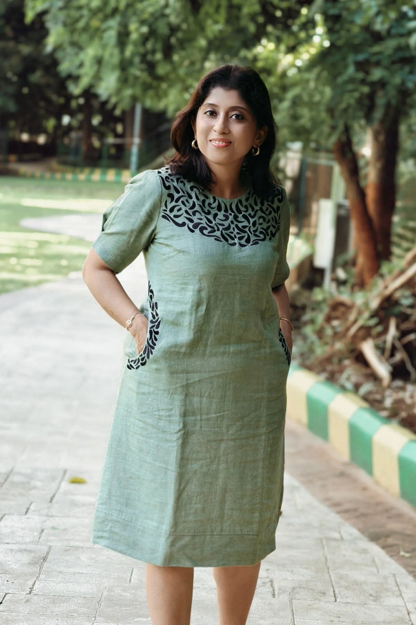 Yamika — Sage Green Handloom Linen Dress with Embroidery