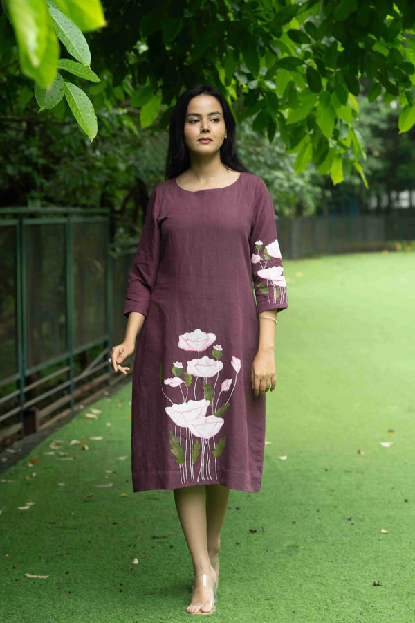 Bhumi — Deep Wine Kala Cotton Dress with Flower Painting