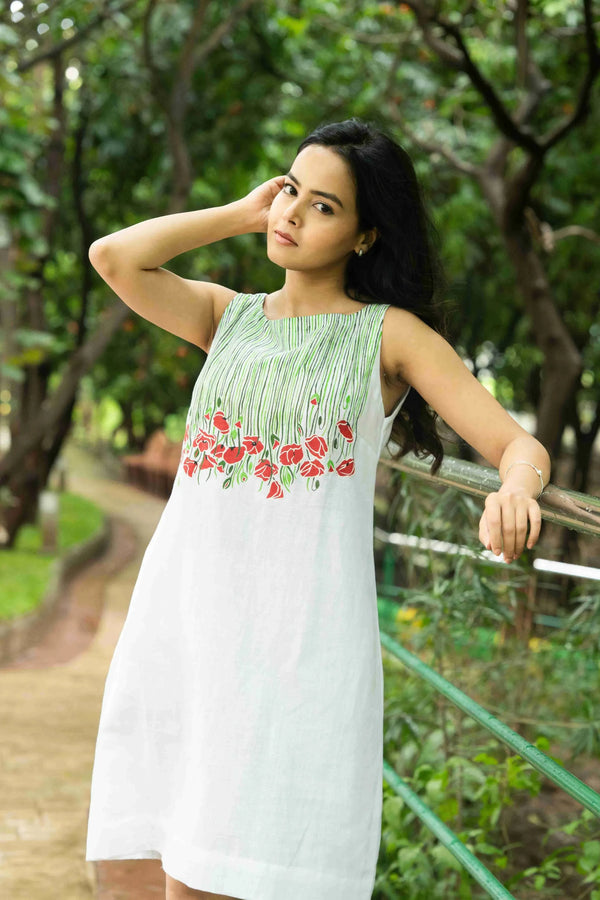Meher — Pearl White Tencel Shift Dress with Hand Painting