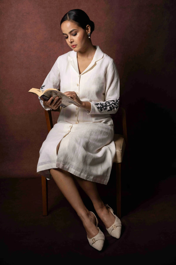 Dhara — Soft Ivory Handloom Linen Dress with Hand Painted Sleeves