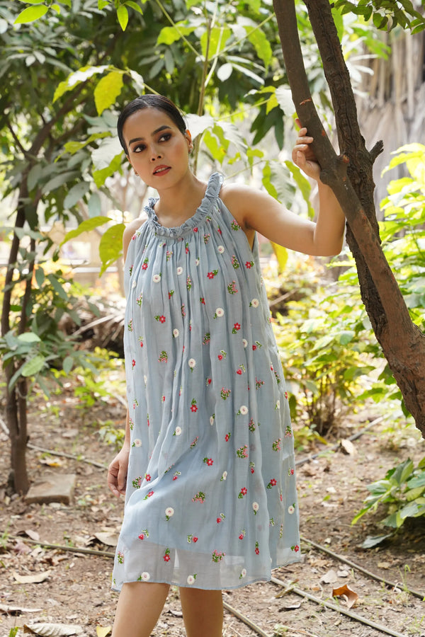 Avani — Powder Blue Mul Chanderi Incut Flared Embroidered Dress