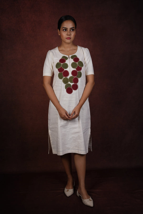 Dharti — Off-White Handloom Linen Dress with Circular Applique
