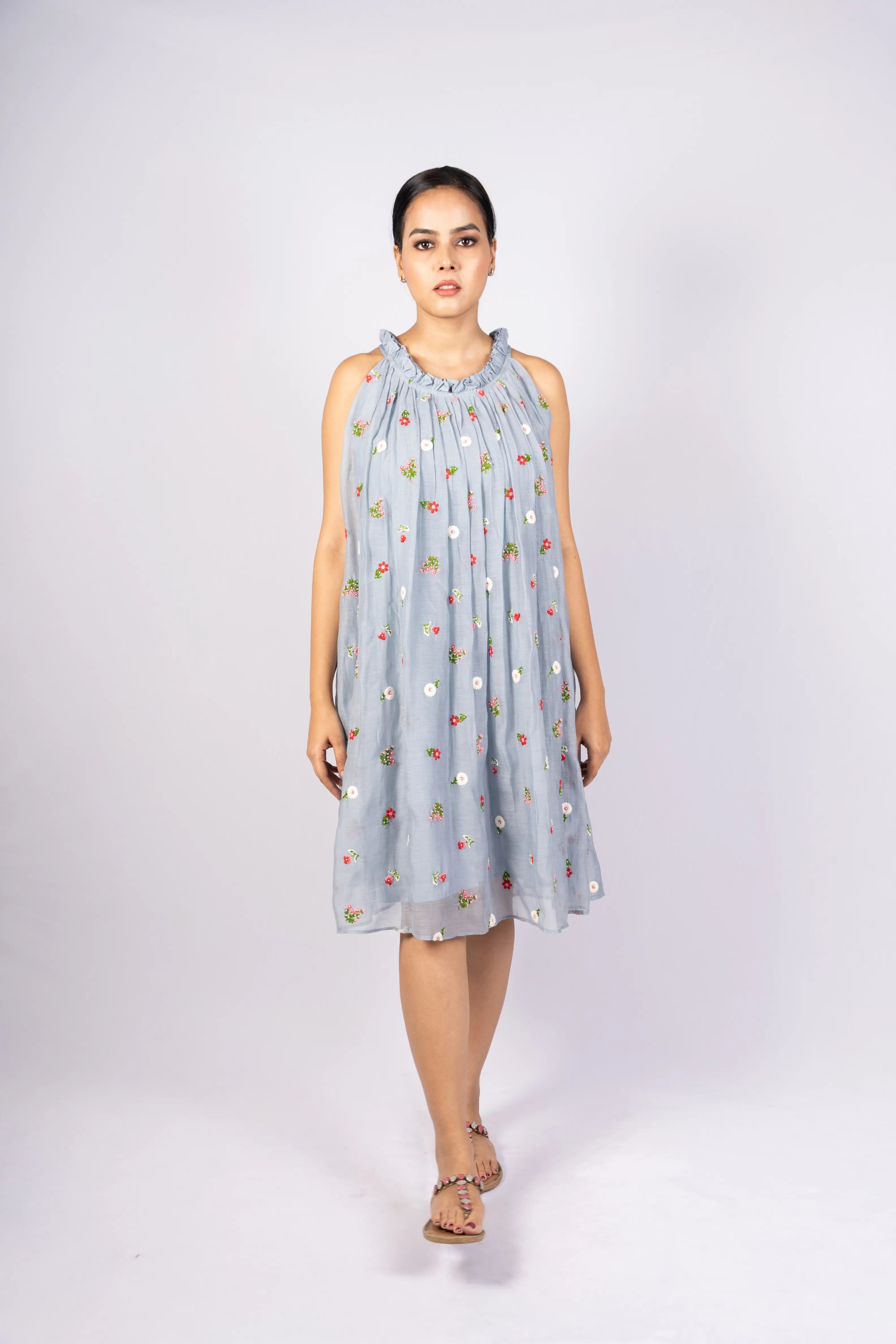 Avani — Powder Blue Mul Chanderi Incut Flared Embroidered Dress