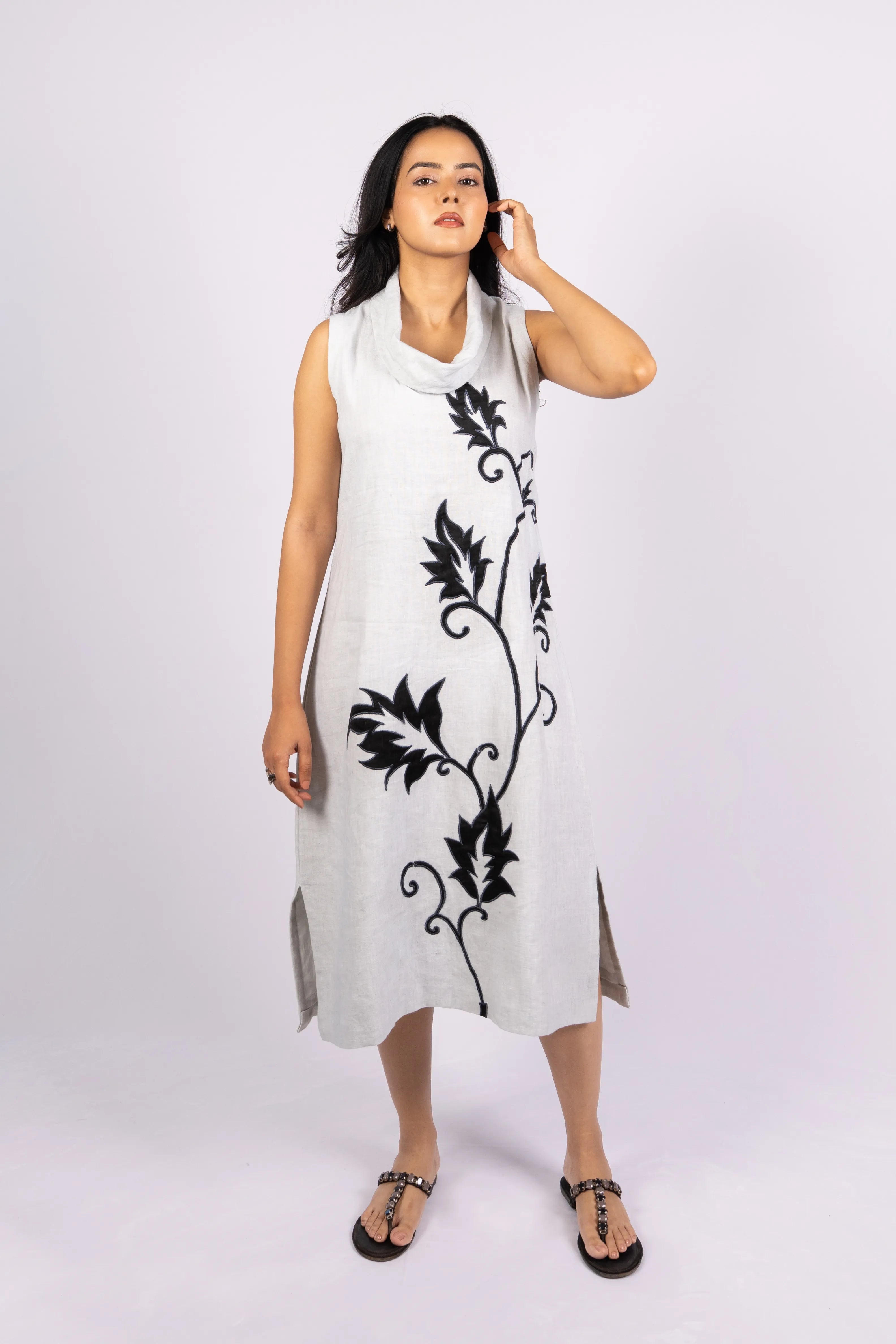 Abhaa — Ash Grey Pure Linen Cowl Neck Dress with Applique