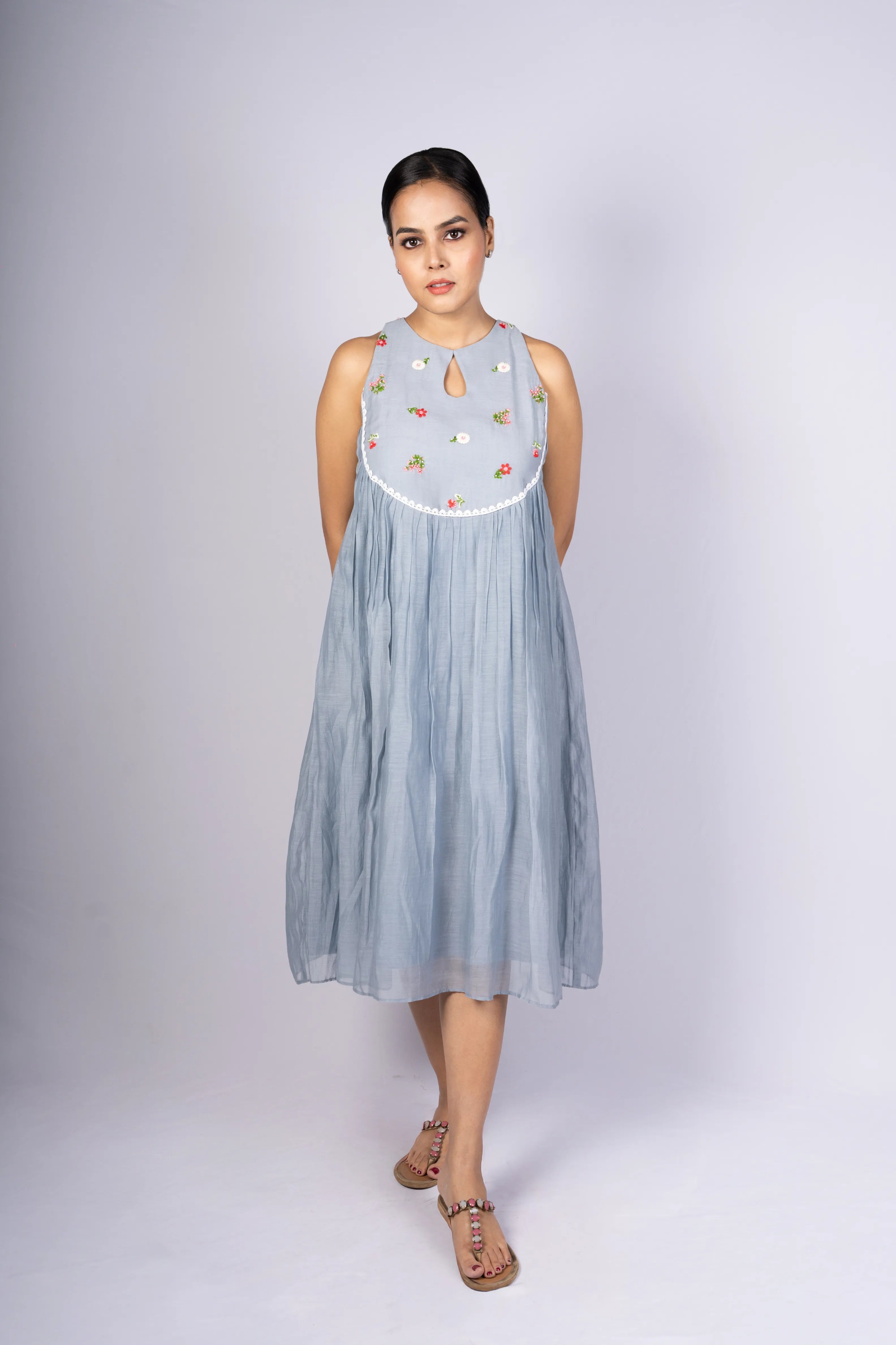 Megh — Soft Powder Blue Mul Chanderi Dress with Embroidered Yoke