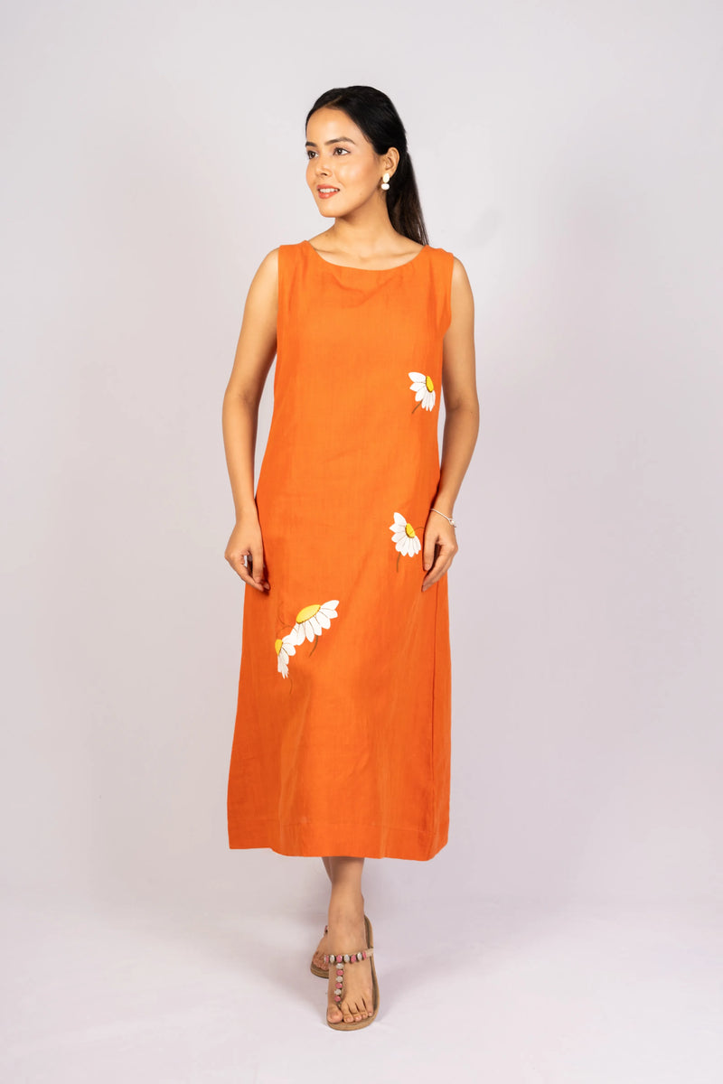 Saanjh — Burnt Orange Handloom Linen Dress with Hand Painting