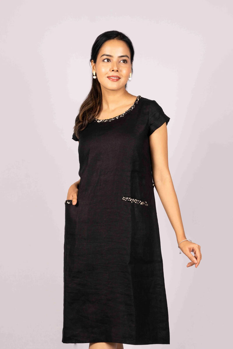 Anshika — Charcoal Black Pure Linen Dress with Braid Work