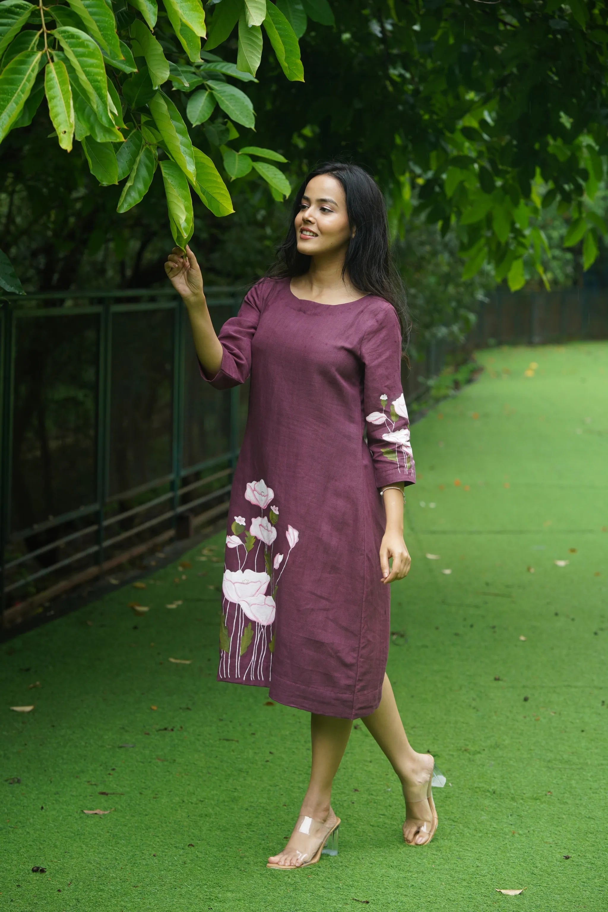 Bhumi — Deep Wine Kala Cotton Dress with Flower Painting