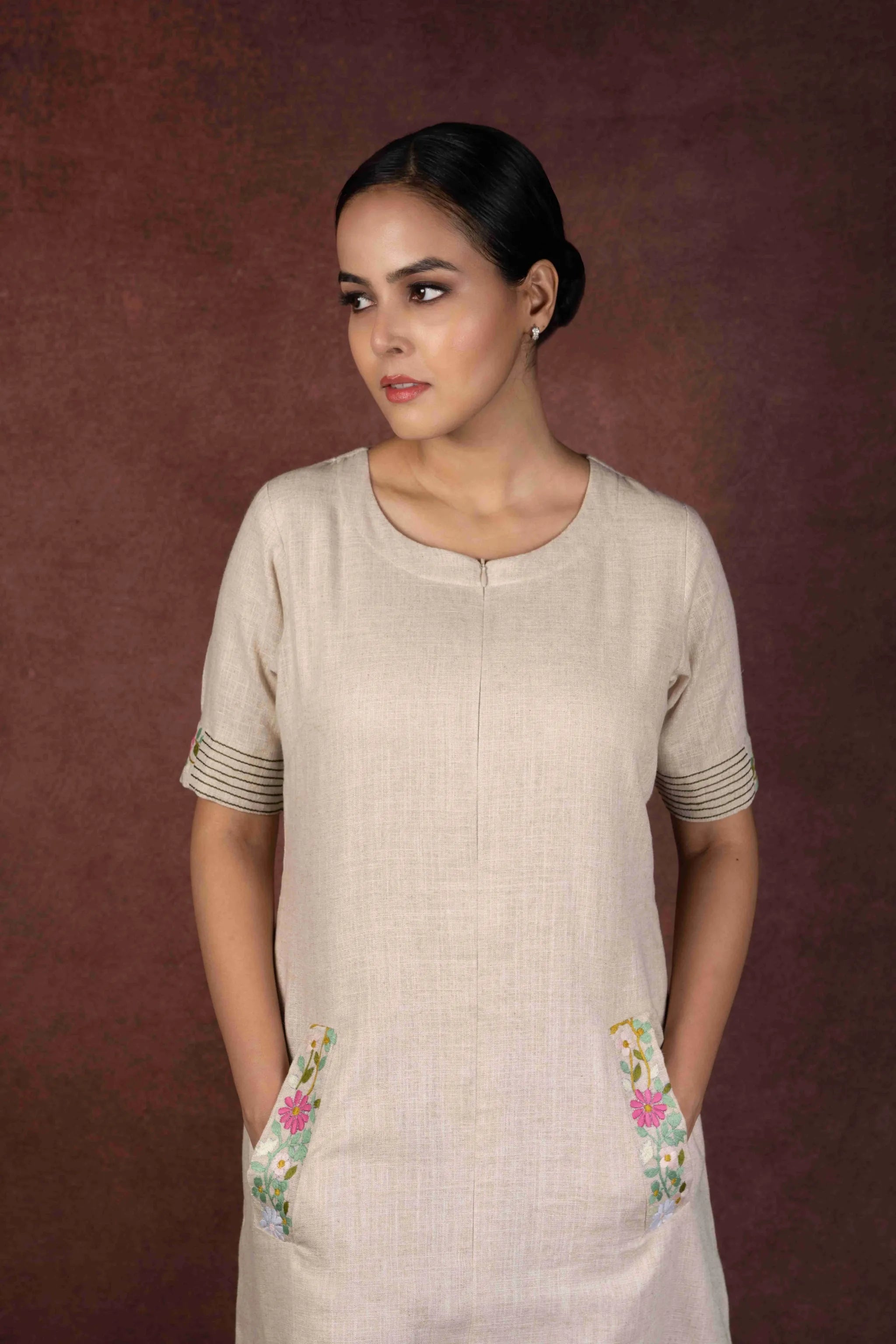 Aaranya — Natural Beige Jute Cotton Dress with Embroidery