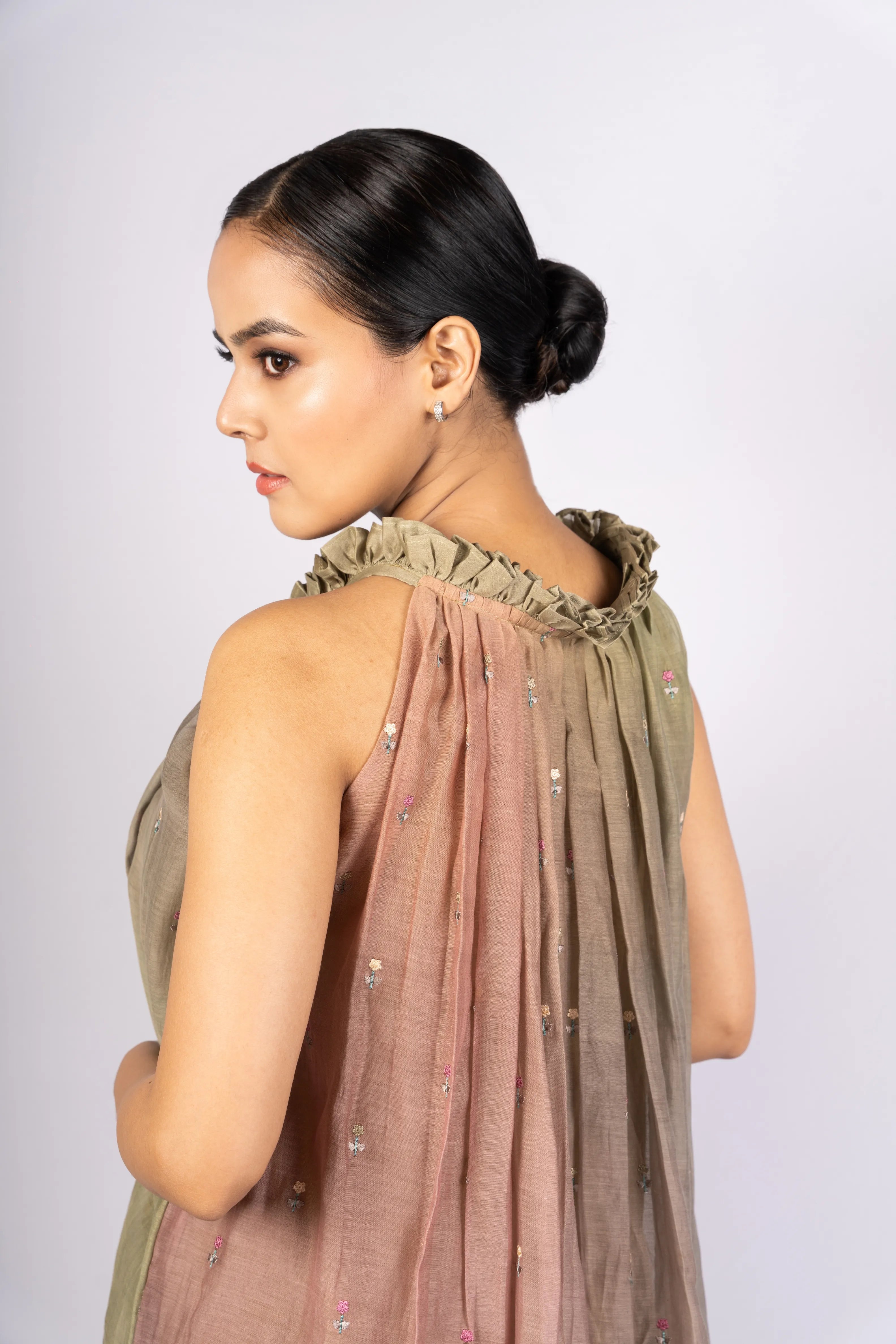 Fiza — Ombre Green-Brown Mul Chanderi Embroidered Flared Dress
