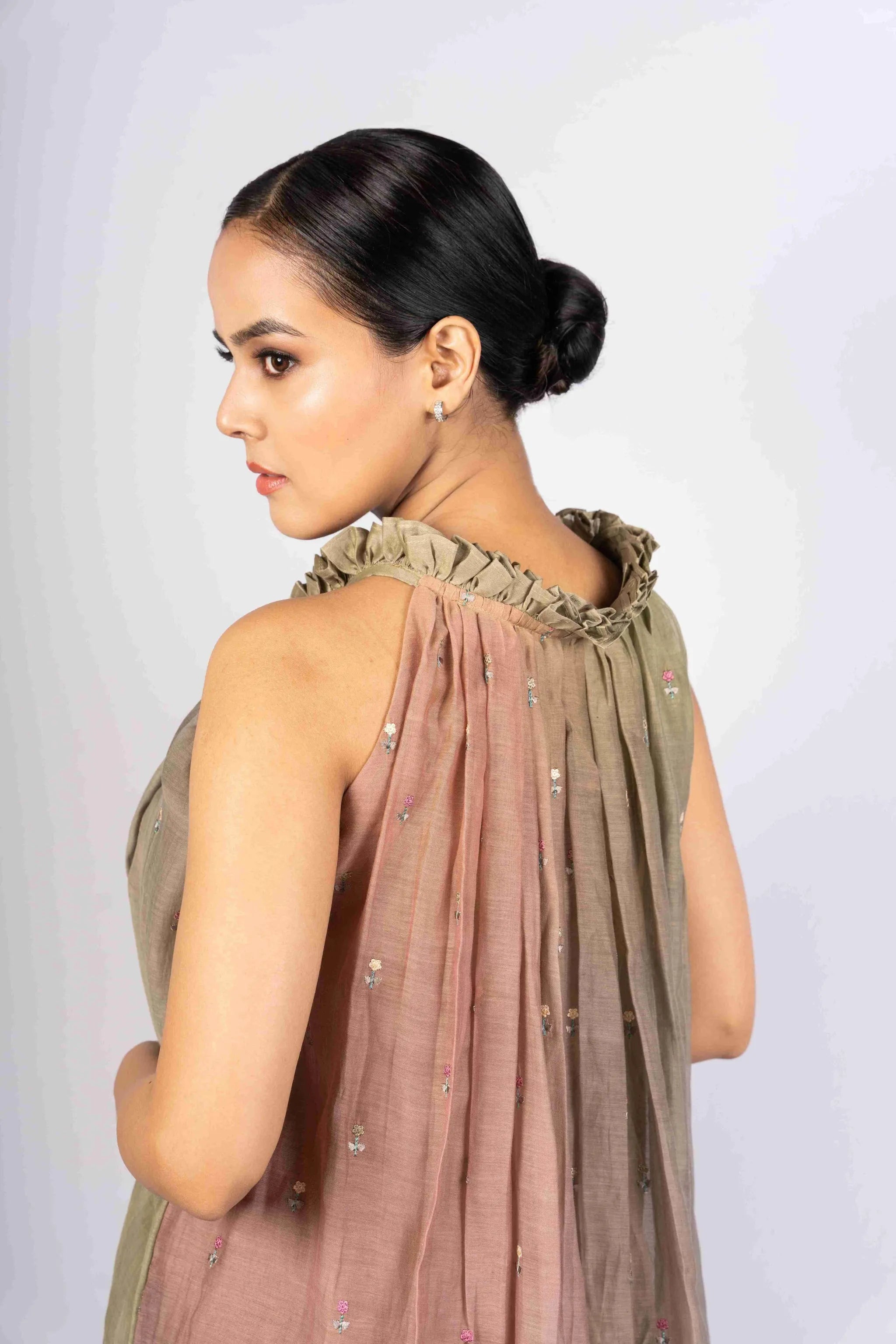 Fiza — Ombre Green-Brown Mul Chanderi Embroidered Flared Dress