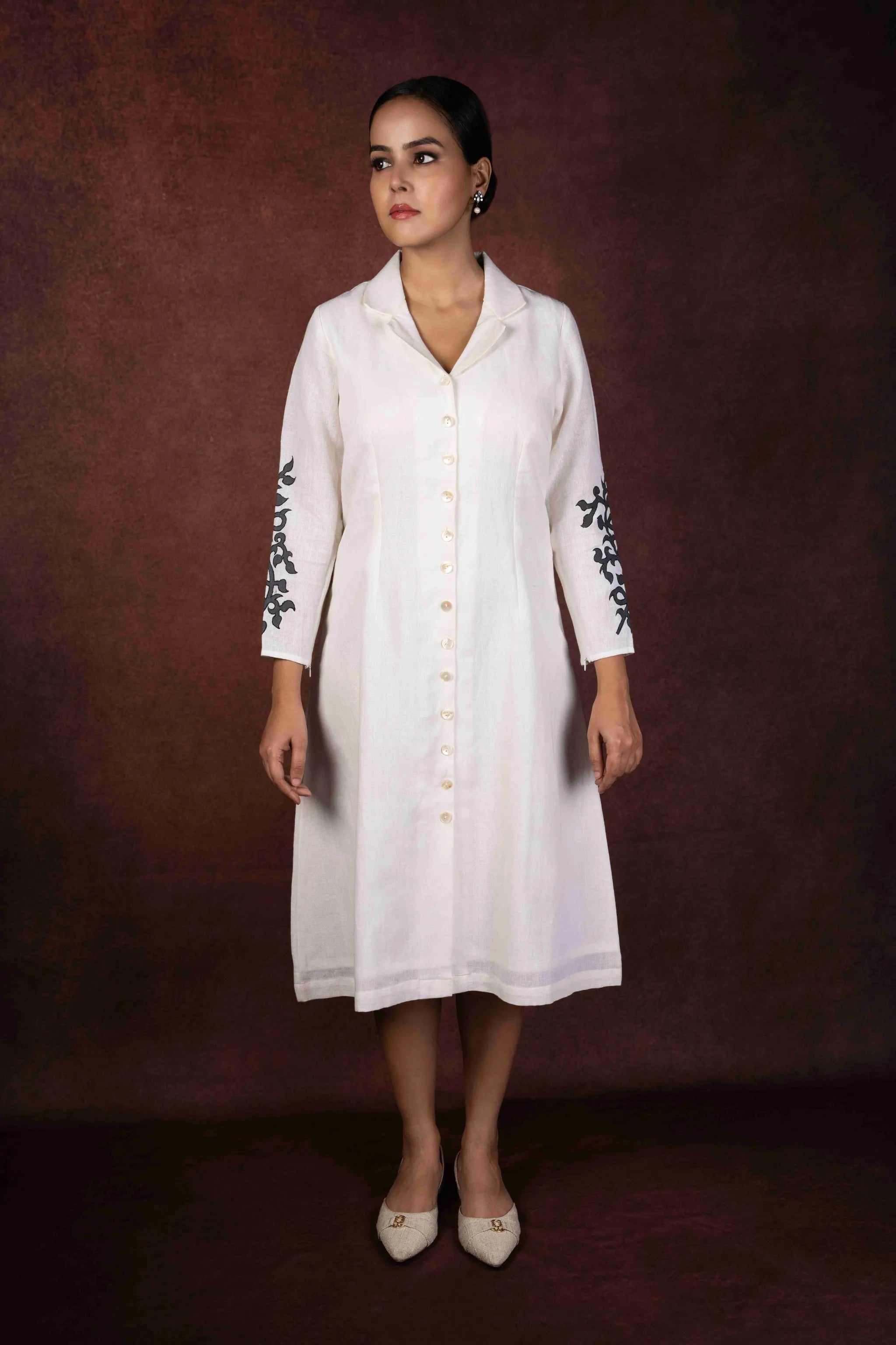 Dhara — Soft Ivory Handloom Linen Dress with Hand Painted Sleeves