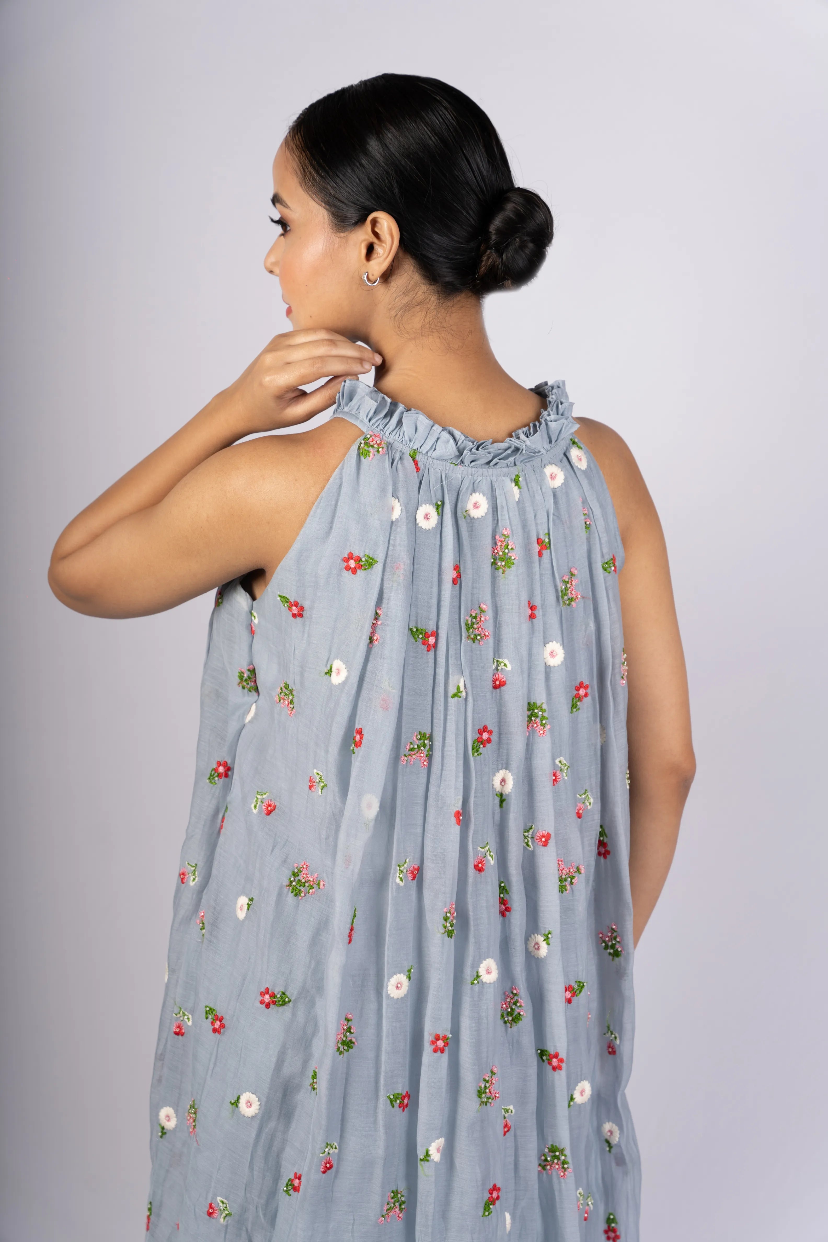 Avani — Powder Blue Mul Chanderi Incut Flared Embroidered Dress