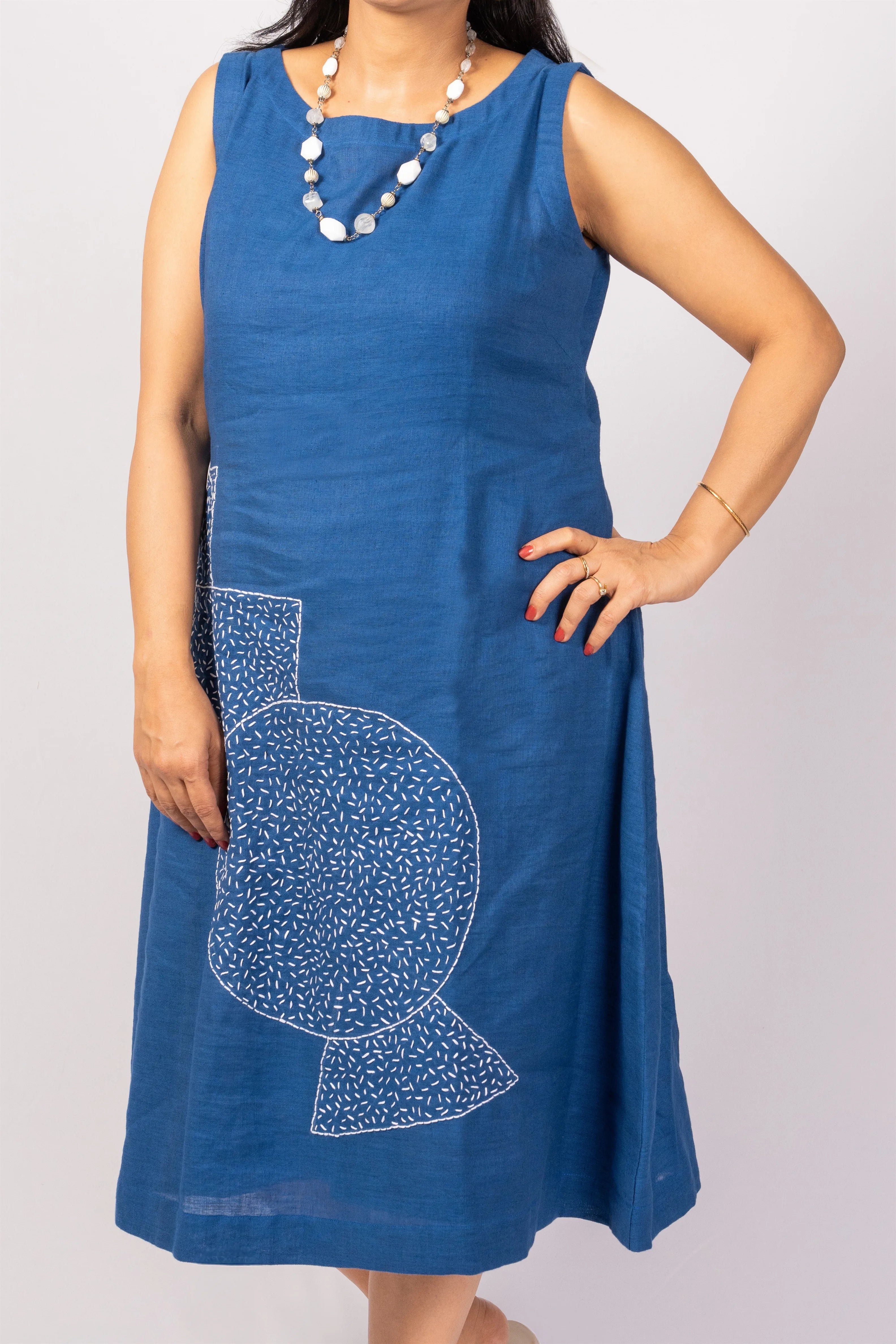 Amber — Blue Midi Dress with Kanta Hand Embroidery
