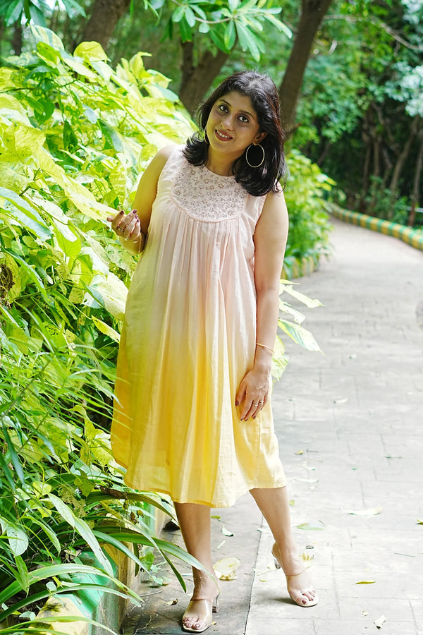 Sagarika — Peach Yellow Ombre Cotton Silk Dress with Zardozi