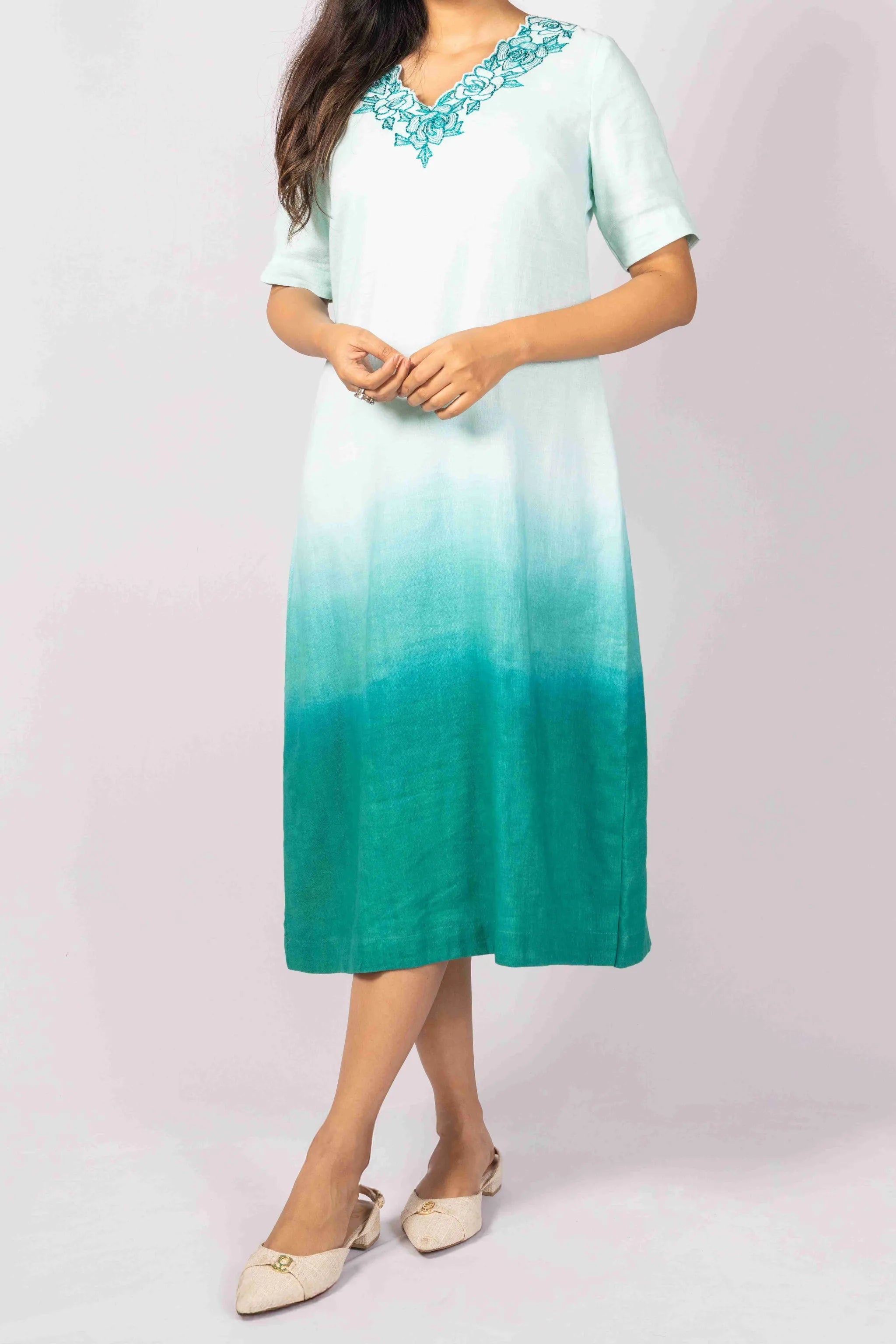 Neerja — Teal Ombre Tencel Linen Embroidered Dress