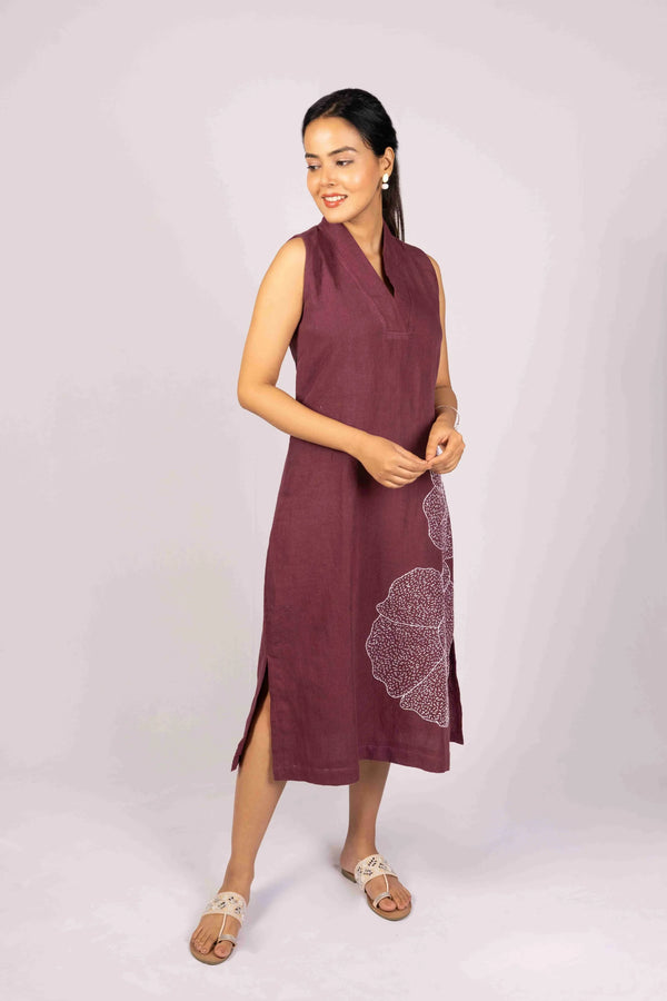 Mitti — Deep Wine Kala Cotton Dress with Kantha Work