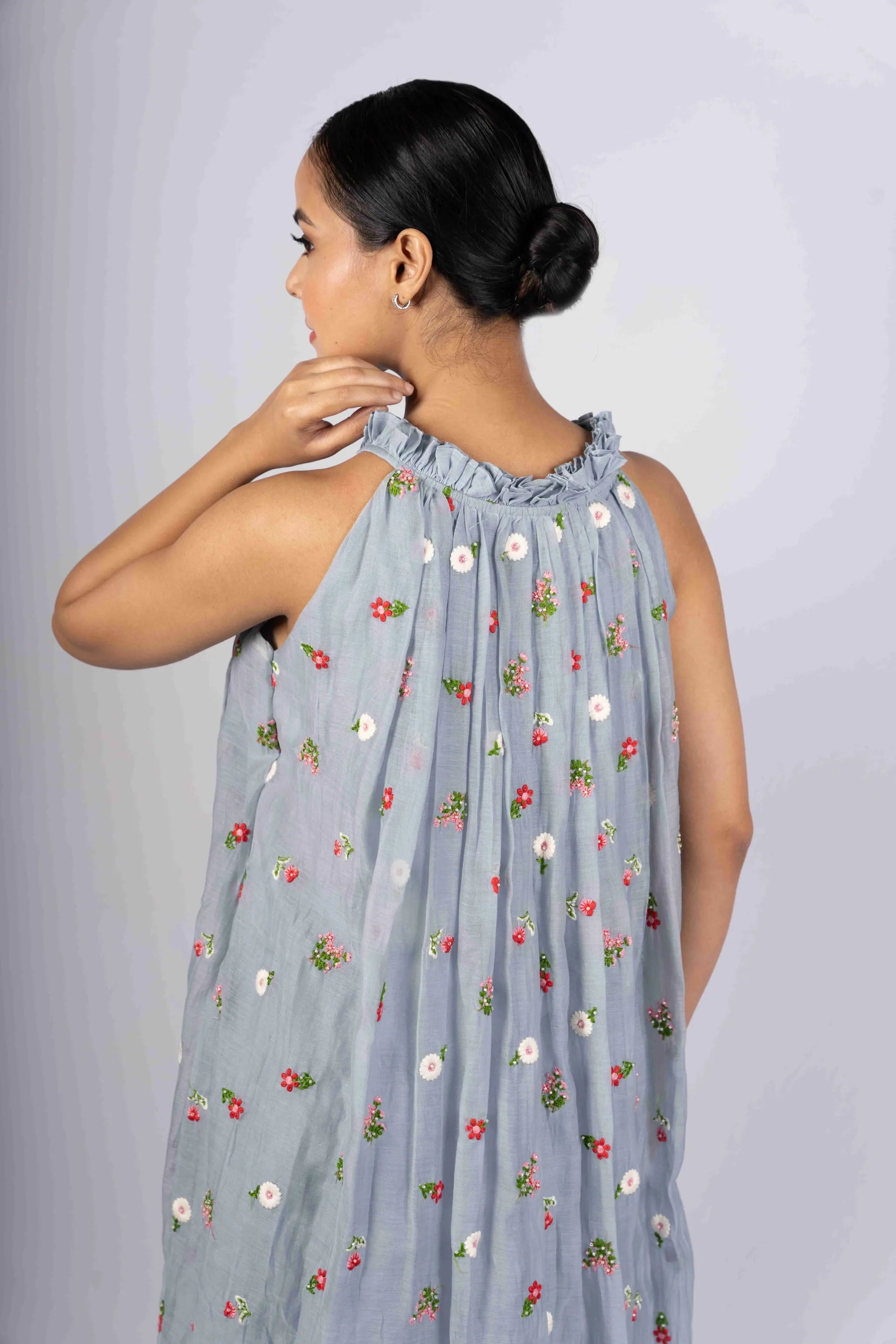 Avani — Powder Blue Mul Chanderi Incut Flared Embroidered Dress