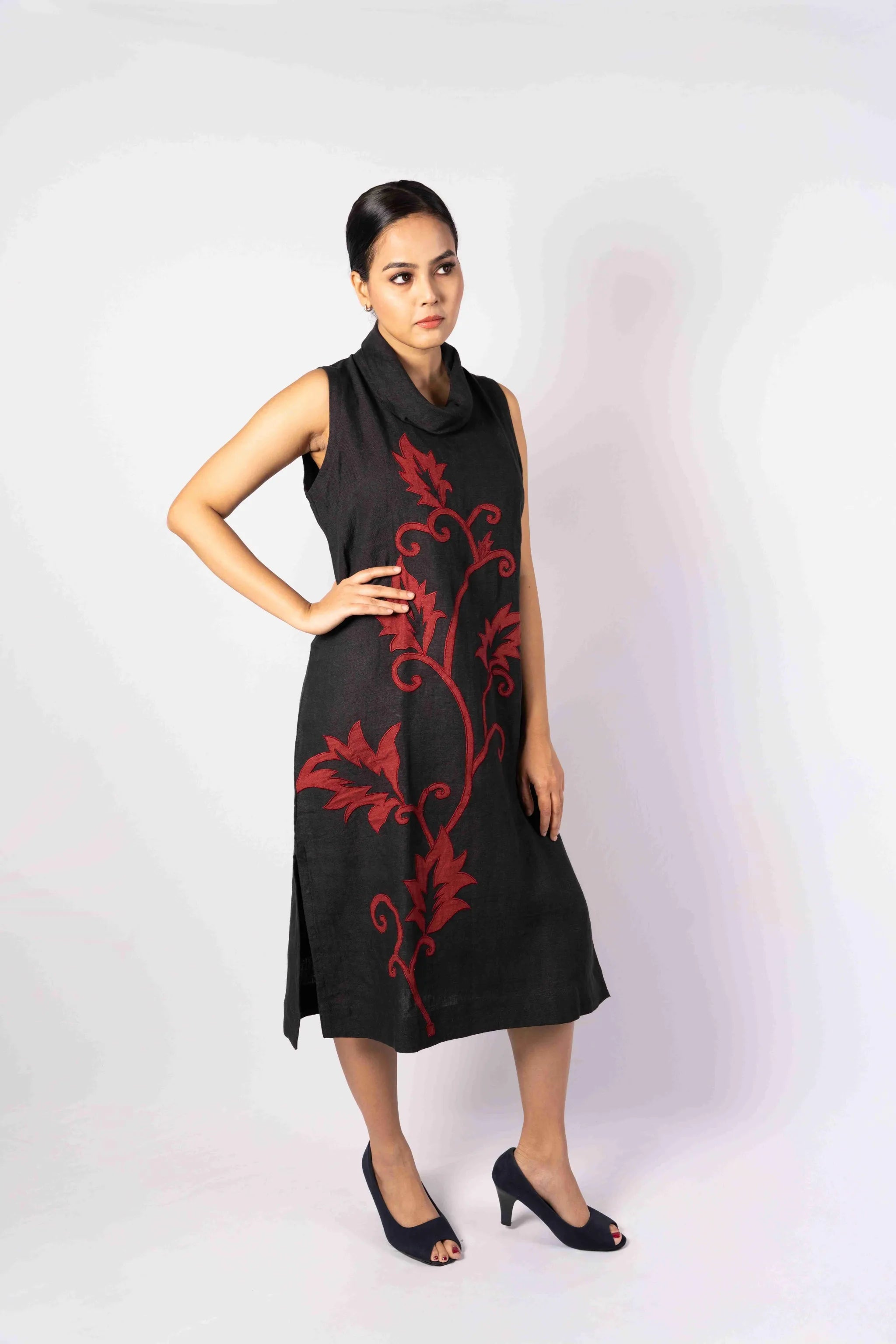 Antra — Black Handloom Linen Cowl Neck Dress with Red Applique