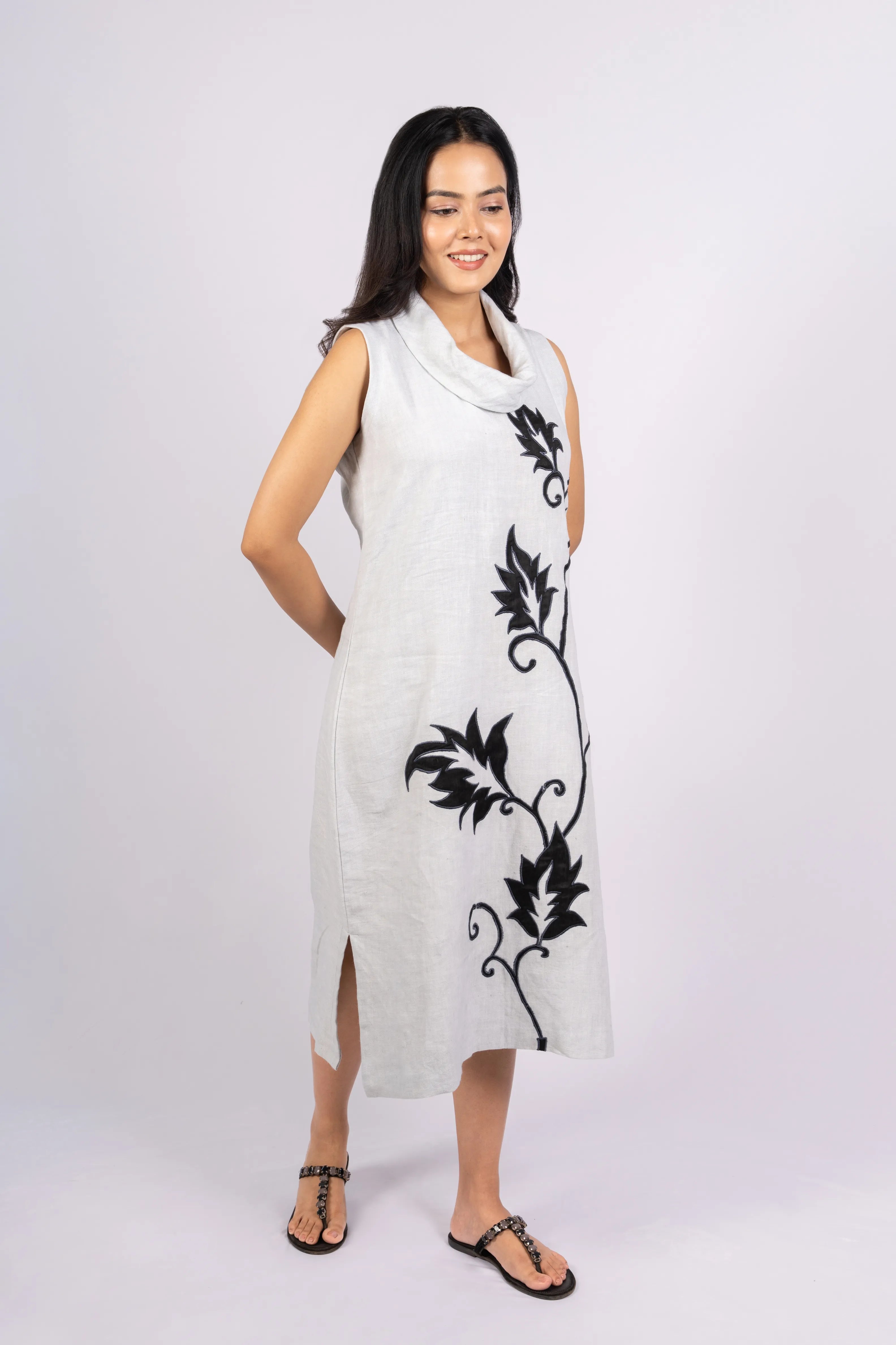 Abhaa — Ash Grey Pure Linen Cowl Neck Dress with Applique