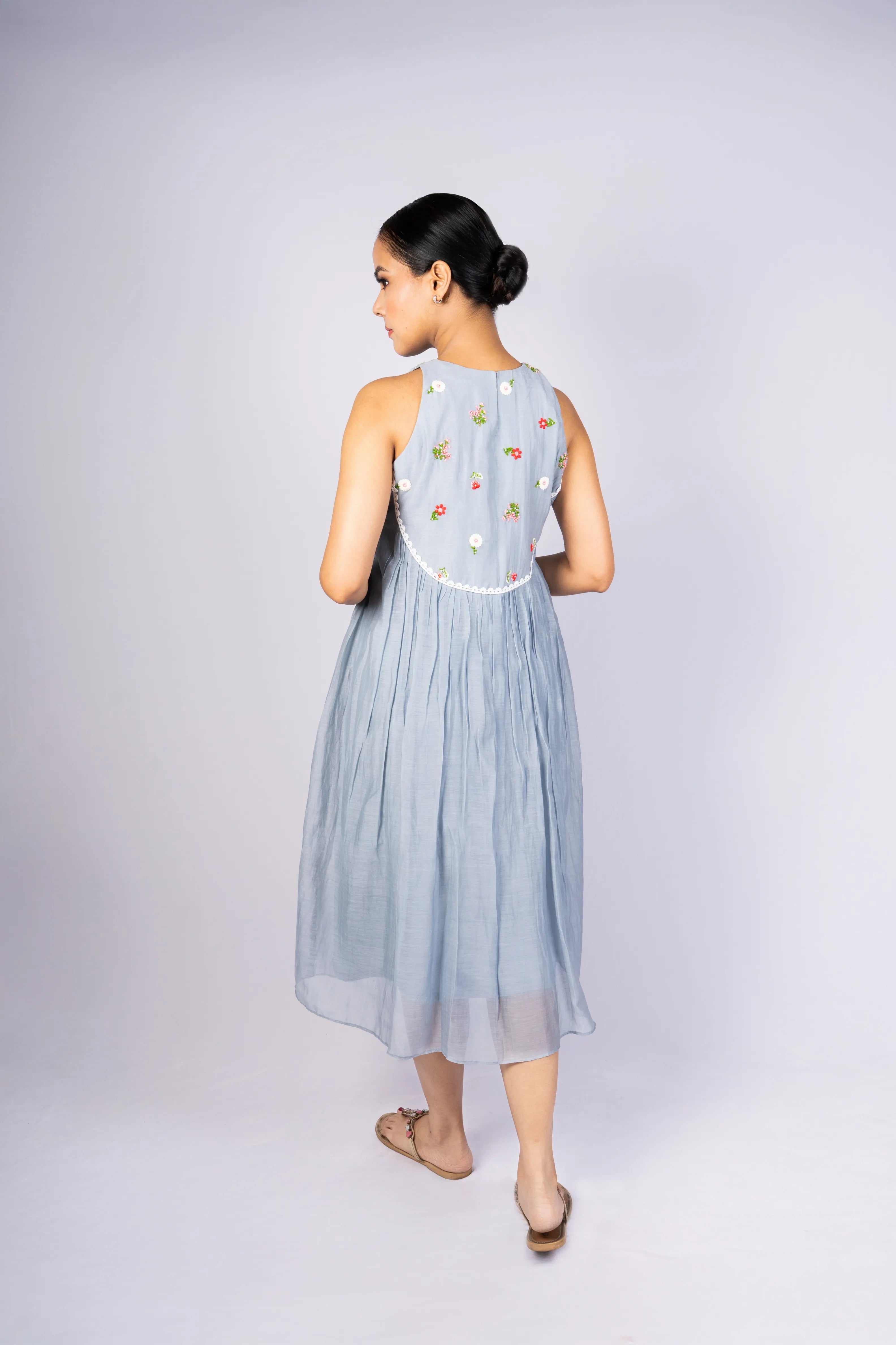 Megh — Soft Powder Blue Mul Chanderi Dress with Embroidered Yoke
