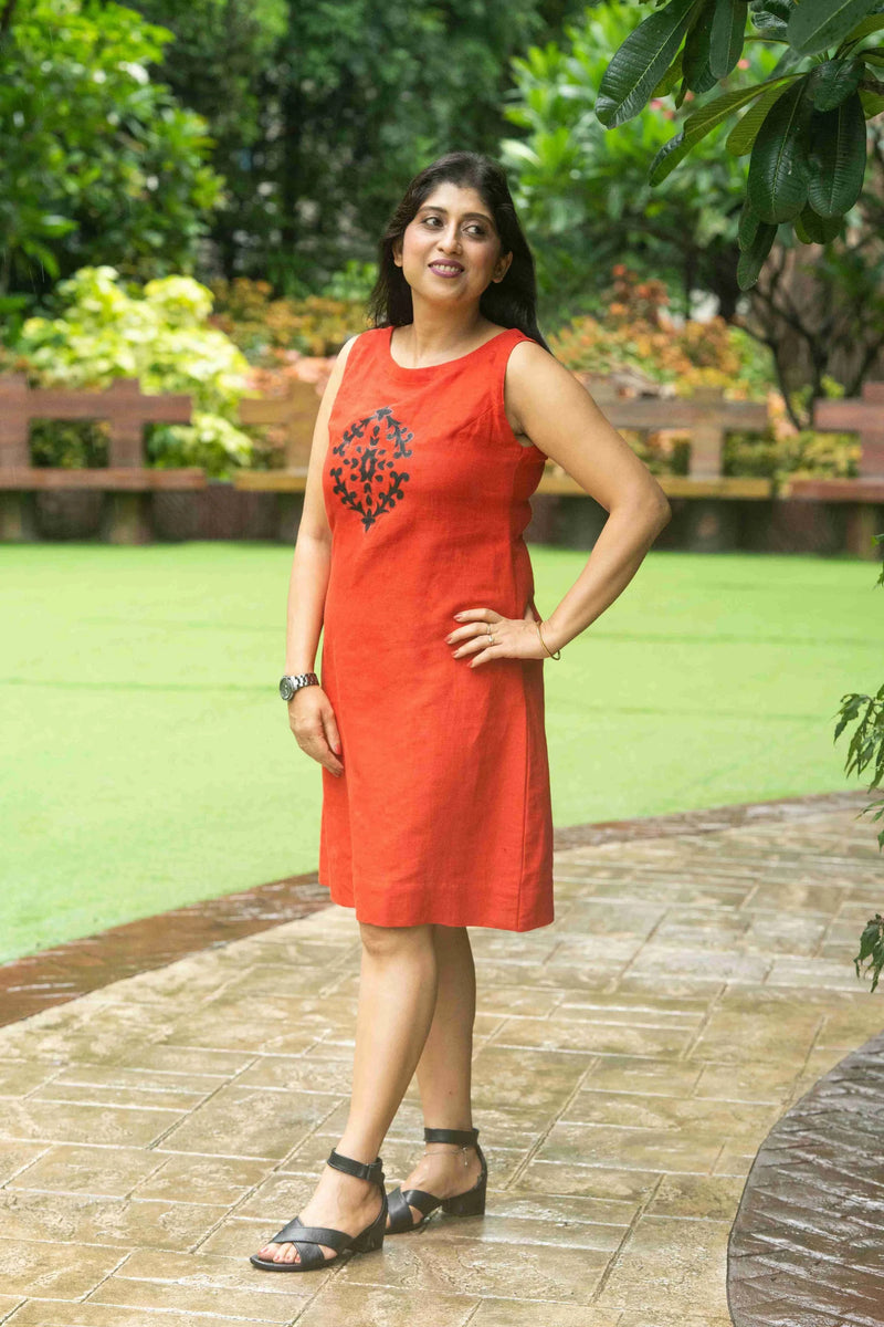 Gulnaar — Rust Red Kala Cotton Dress with Black Hand Painted Motif