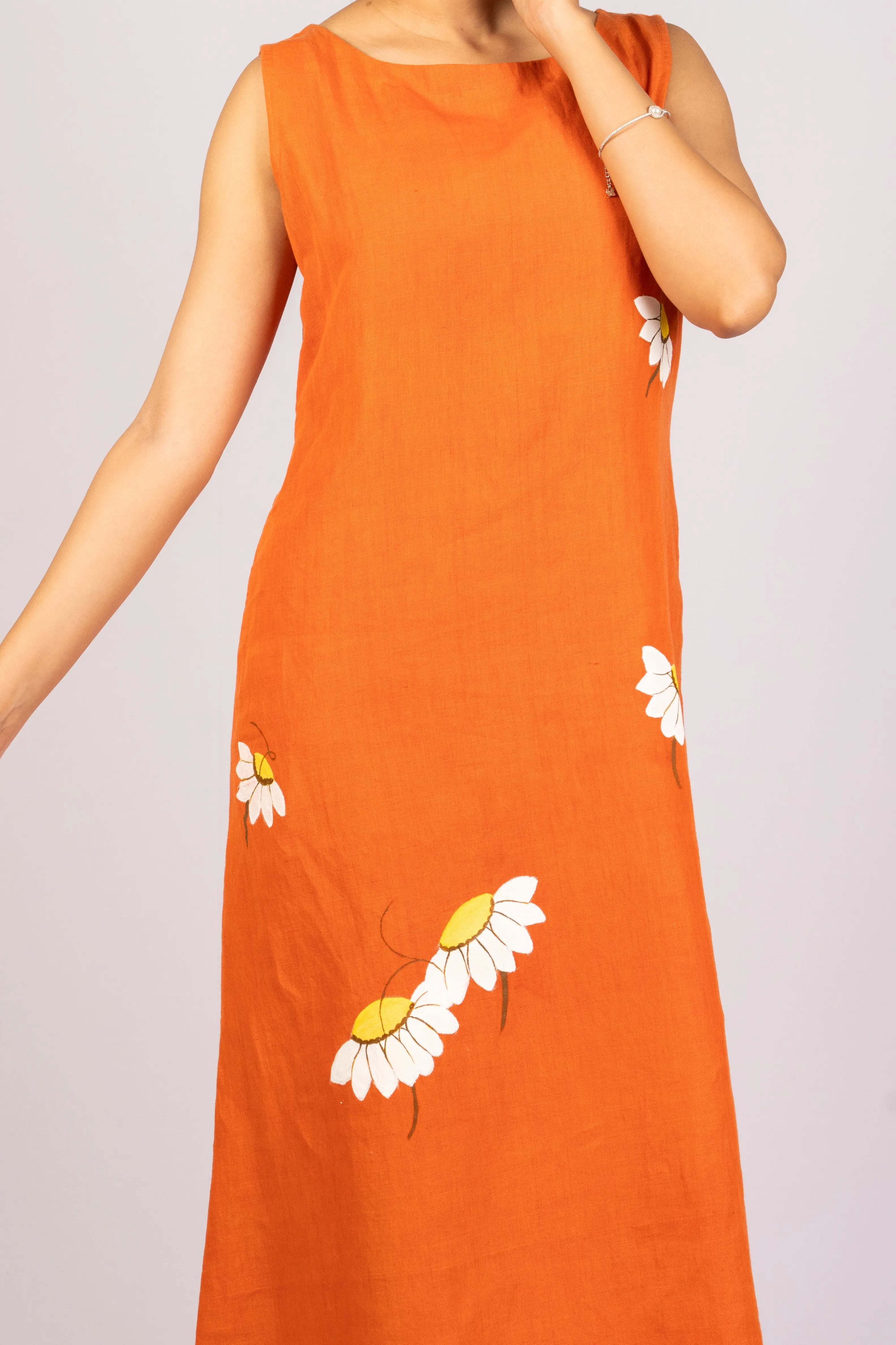 Saanjh — Burnt Orange Handloom Linen Dress with Hand Painting