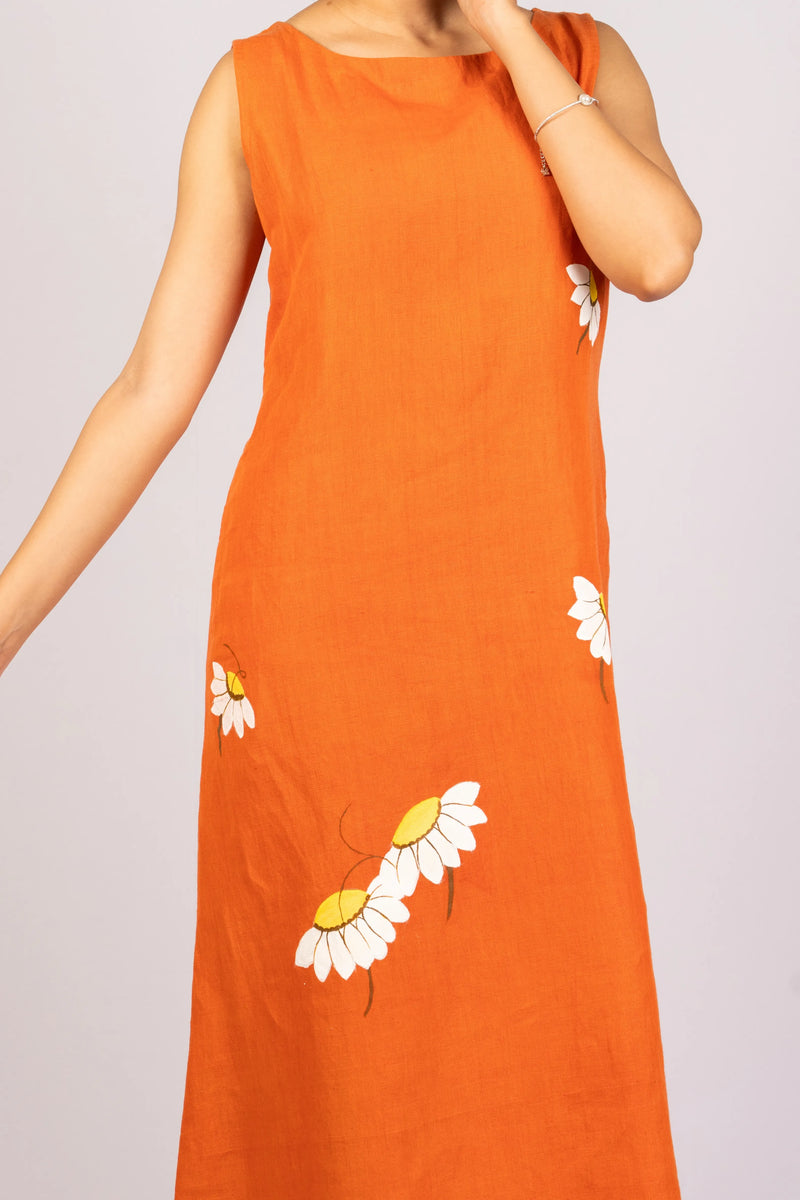 Saanjh — Burnt Orange Handloom Linen Dress with Hand Painting