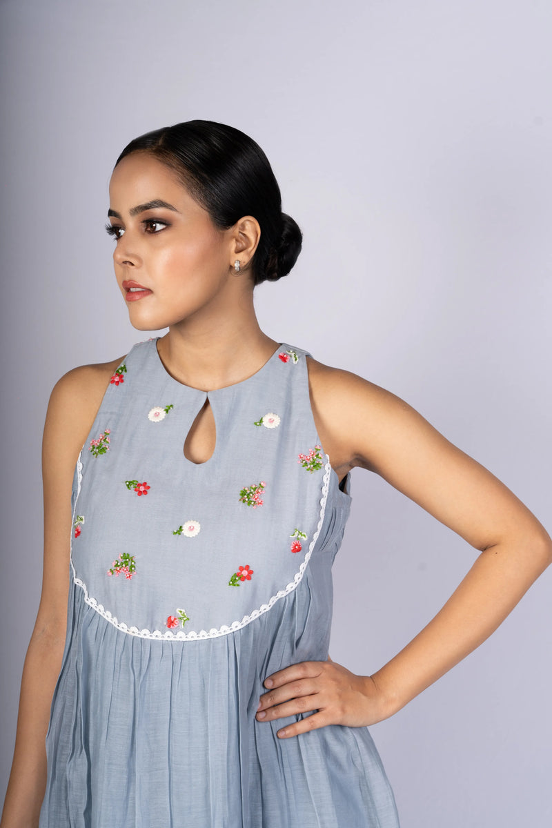 Megh — Soft Powder Blue Mul Chanderi Dress with Embroidered Yoke