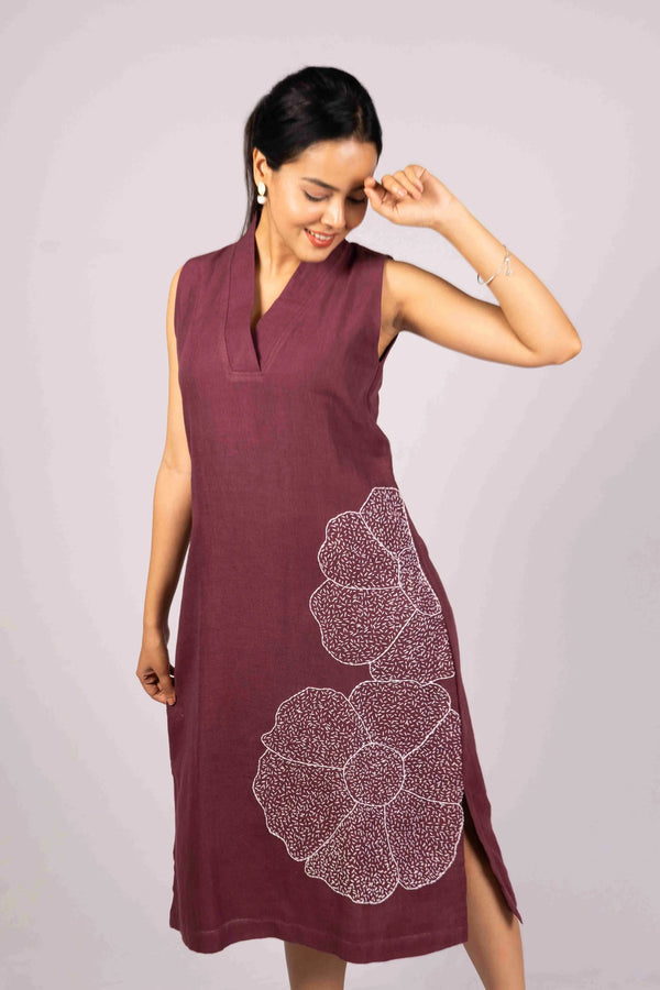 Mitti — Deep Wine Kala Cotton Dress with Kantha Work 2