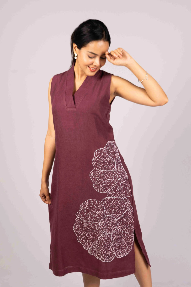 Mitti — Deep Wine Kala Cotton Dress with Kantha Work
