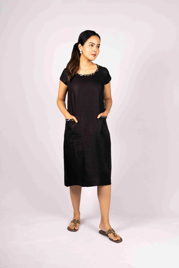 Anshika — Charcoal Black Pure Linen Dress with Braid Work 2