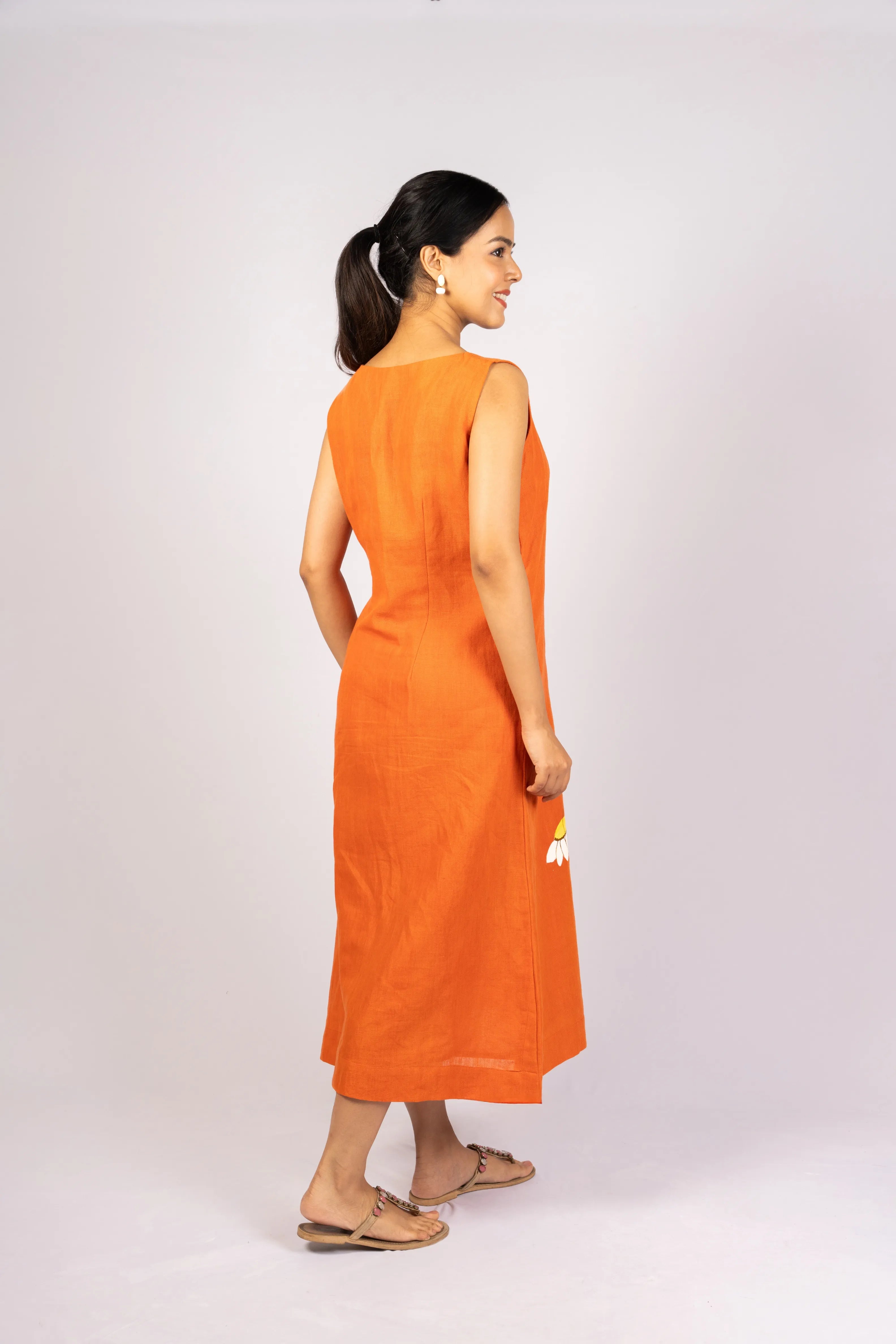 Saanjh — Burnt Orange Handloom Linen Dress with Hand Painting