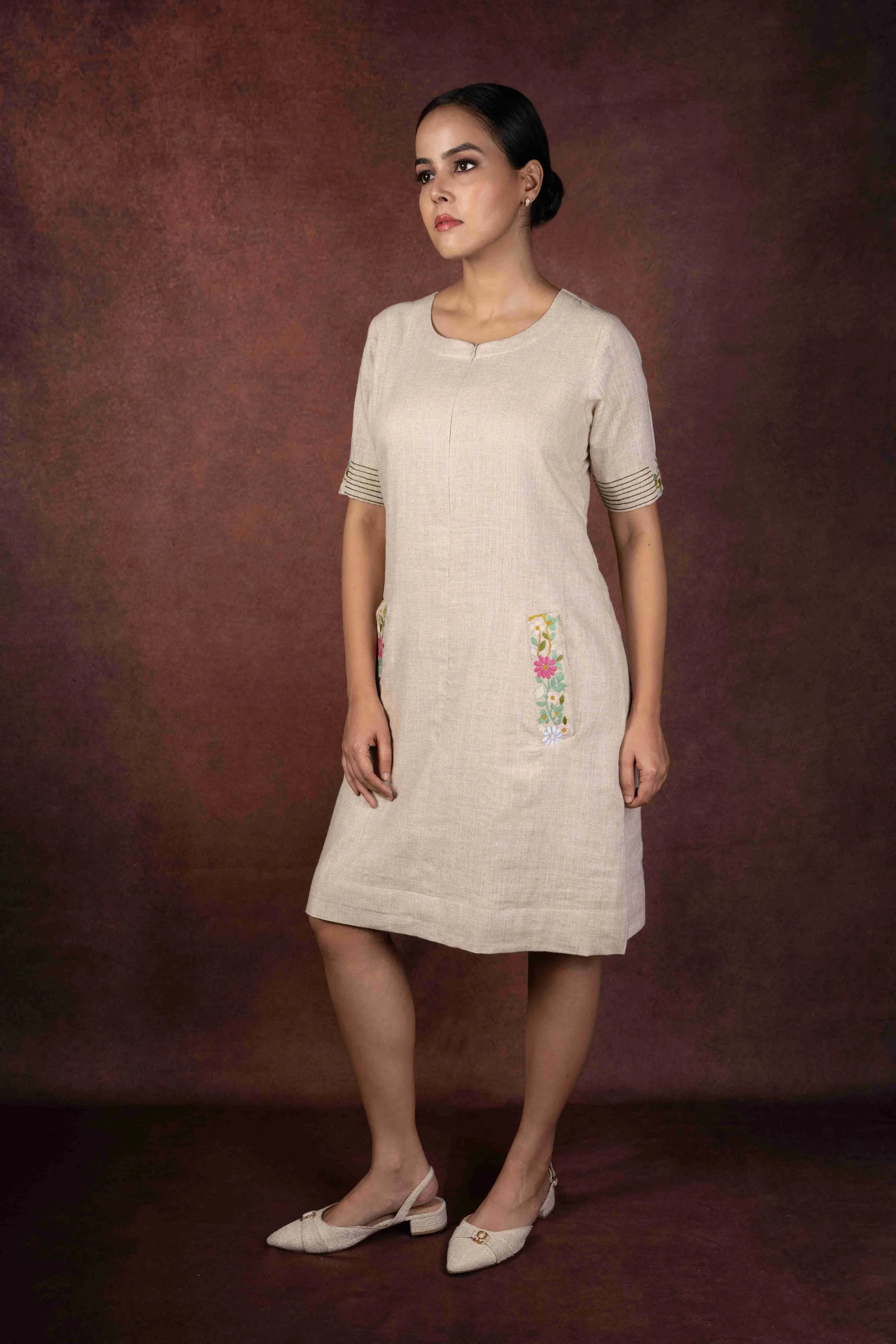Aaranya — Natural Beige Jute Cotton Dress with Embroidery