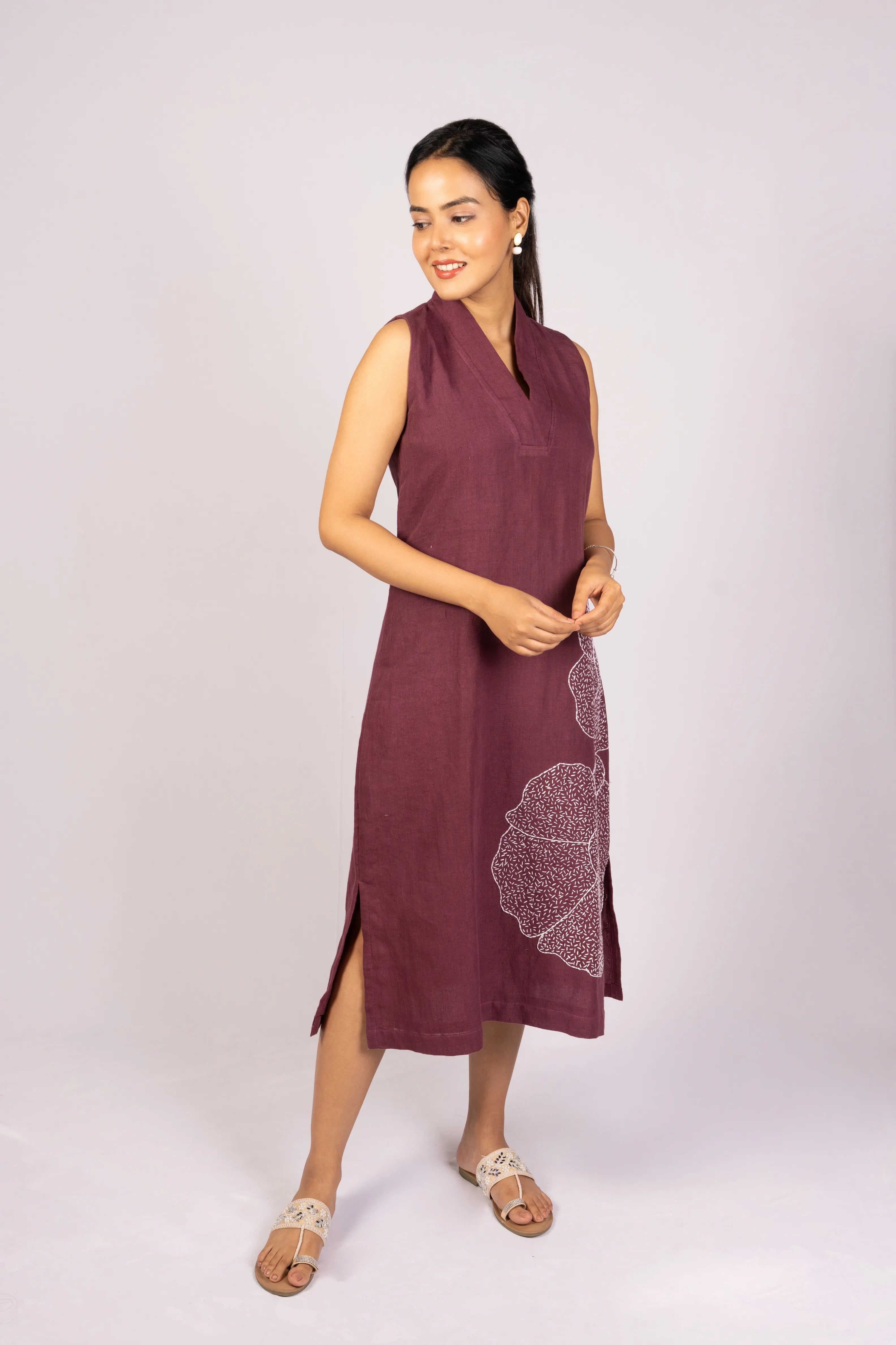 Mitti — Deep Wine Kala Cotton Dress with Kantha Work
