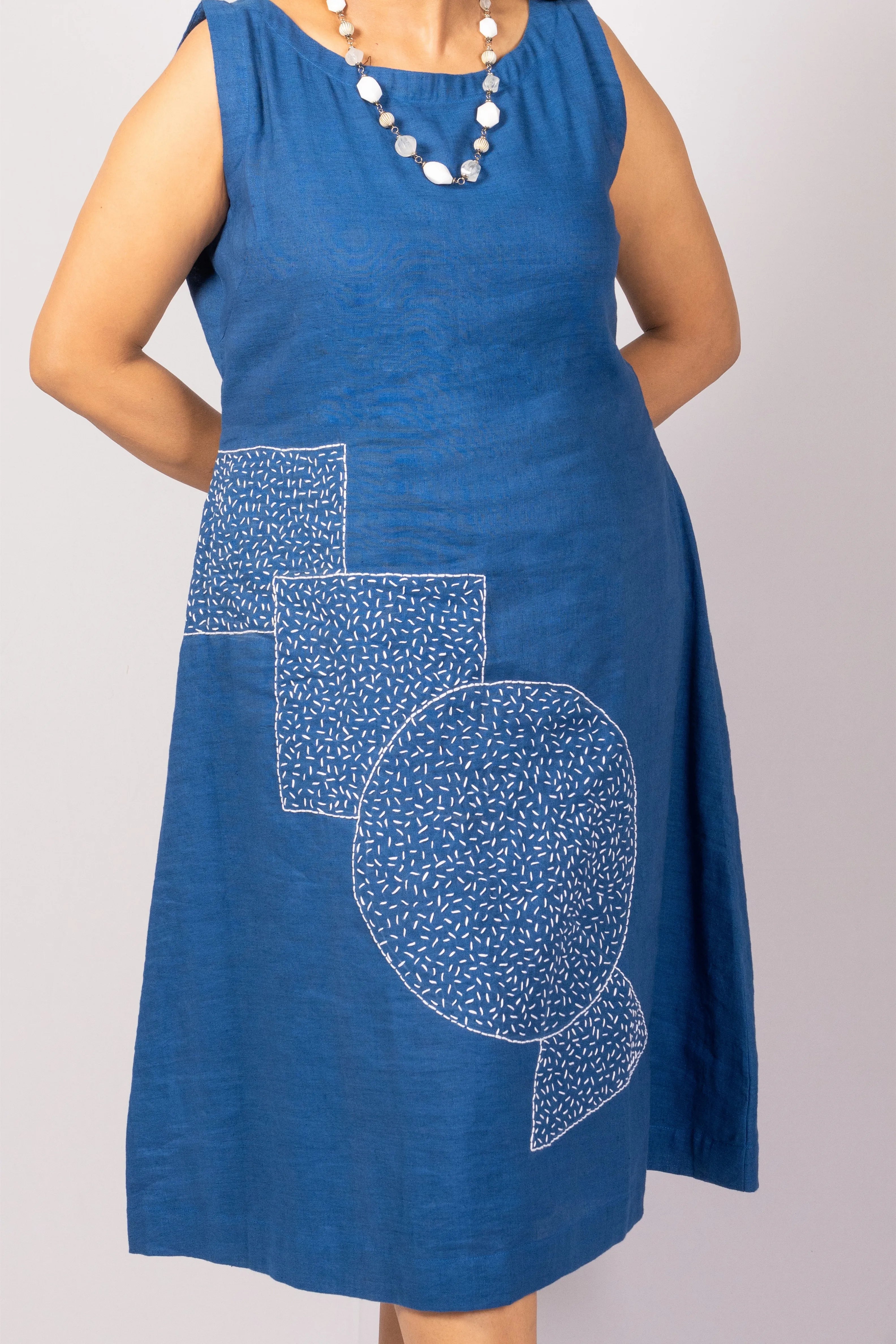 Amber — Blue Midi Dress with Kanta Hand Embroidery