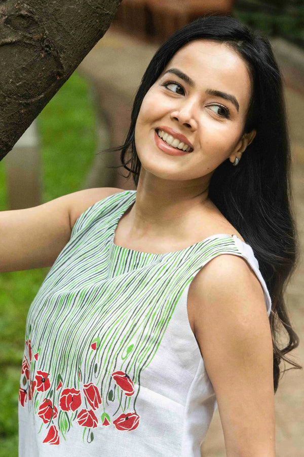 Meher — Pearl White Tencel Shift Dress with Hand Painting 2