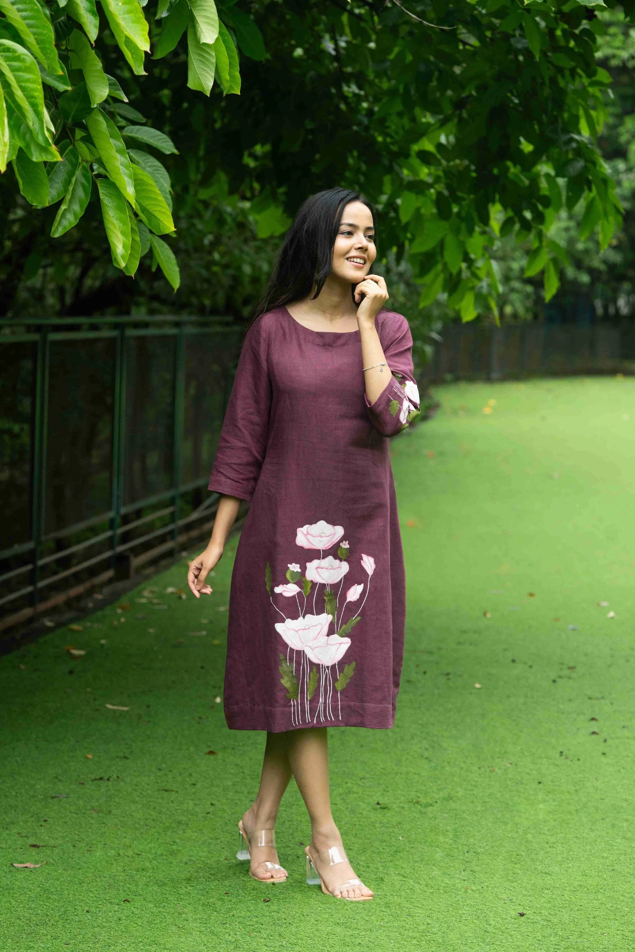 Bhumi — Deep Wine Kala Cotton Dress with Flower Painting