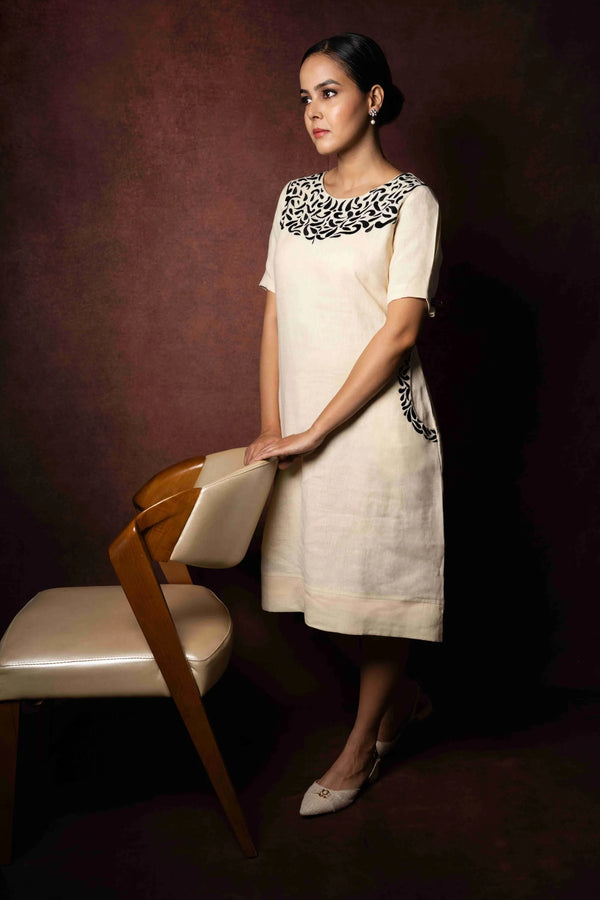 Aruja — Soft Cream Handloom Linen Dress with Embroidery