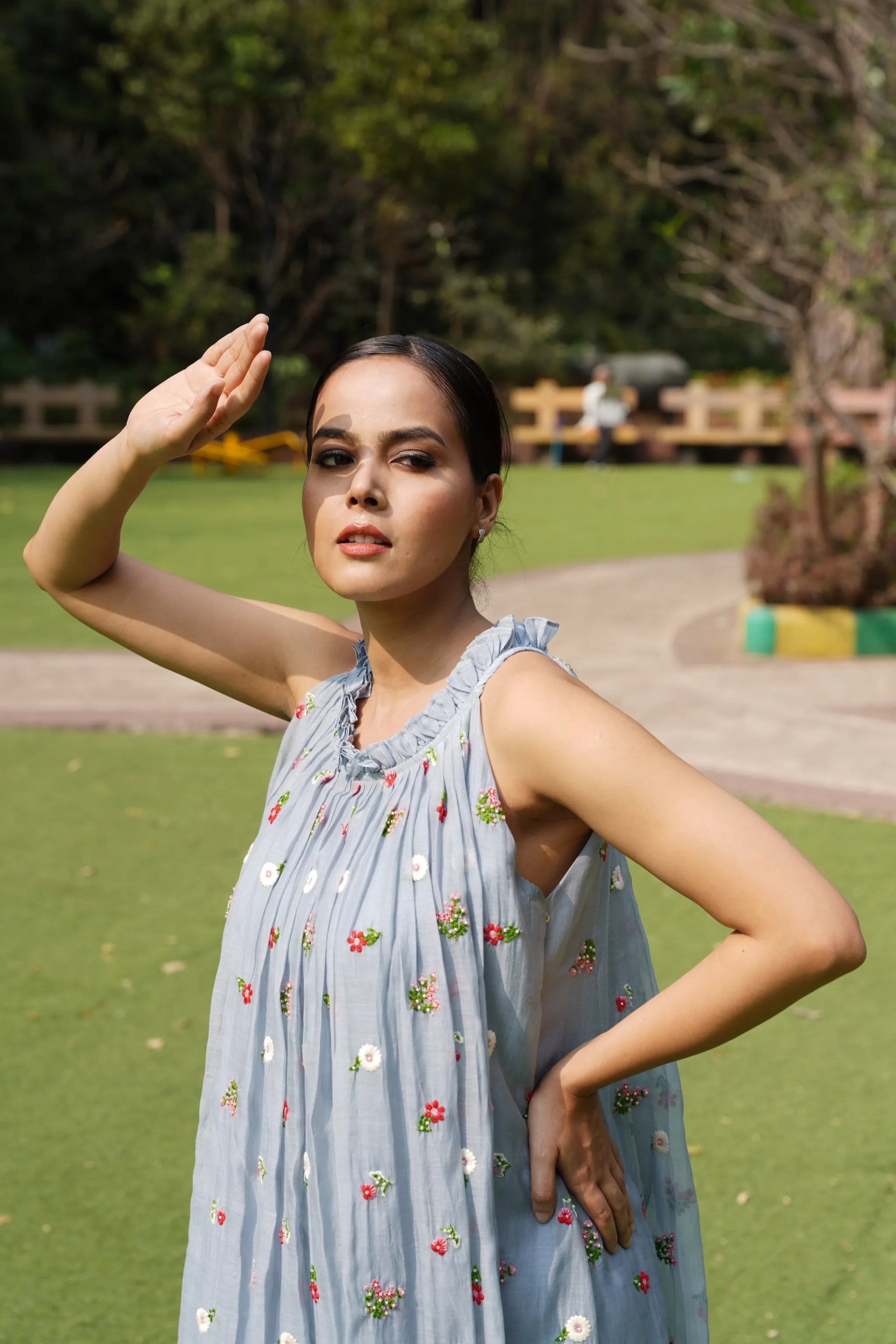 Avani — Powder Blue Mul Chanderi Incut Flared Embroidered Dress