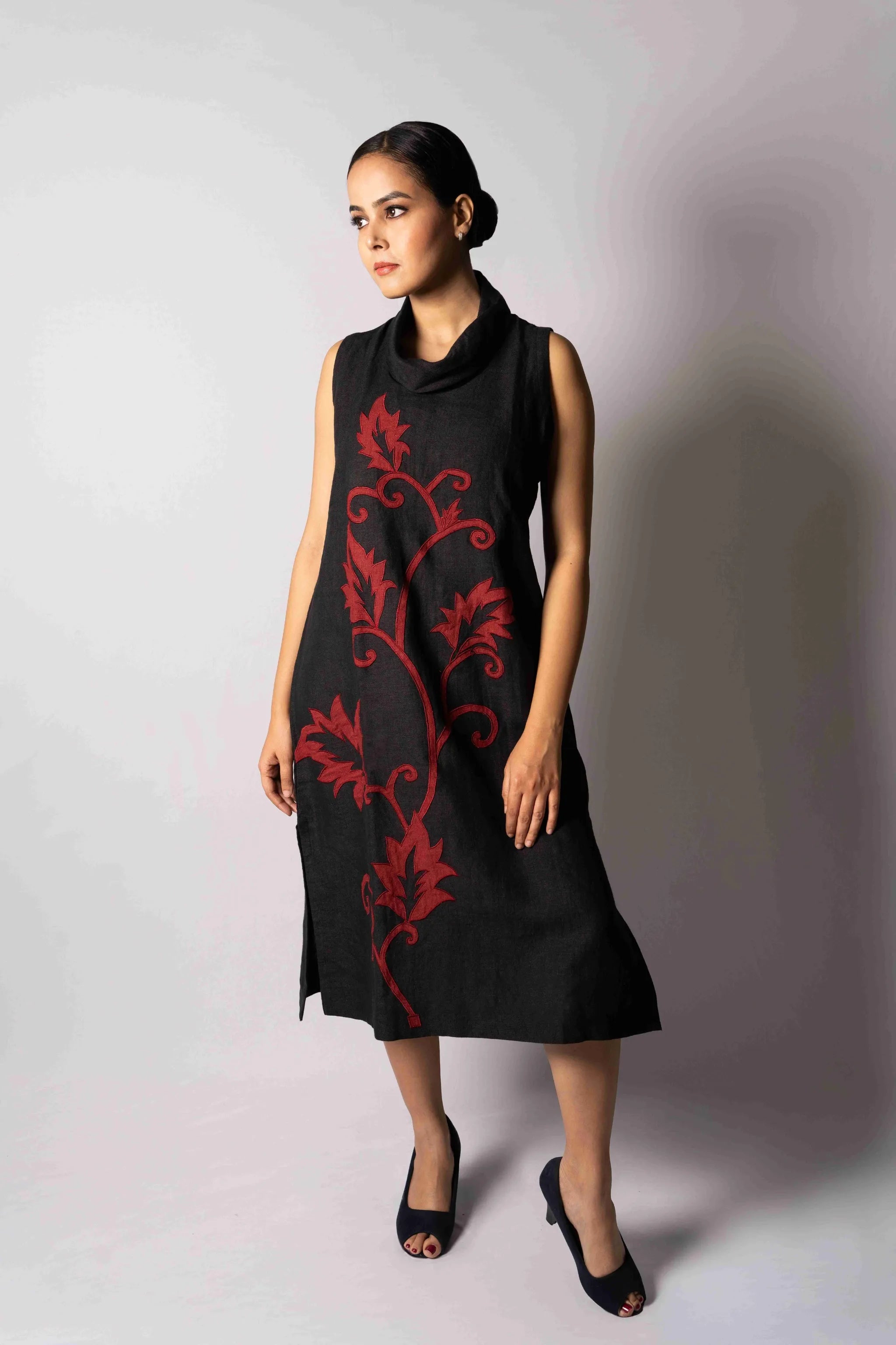 Antra — Black Handloom Linen Cowl Neck Dress with Red Applique
